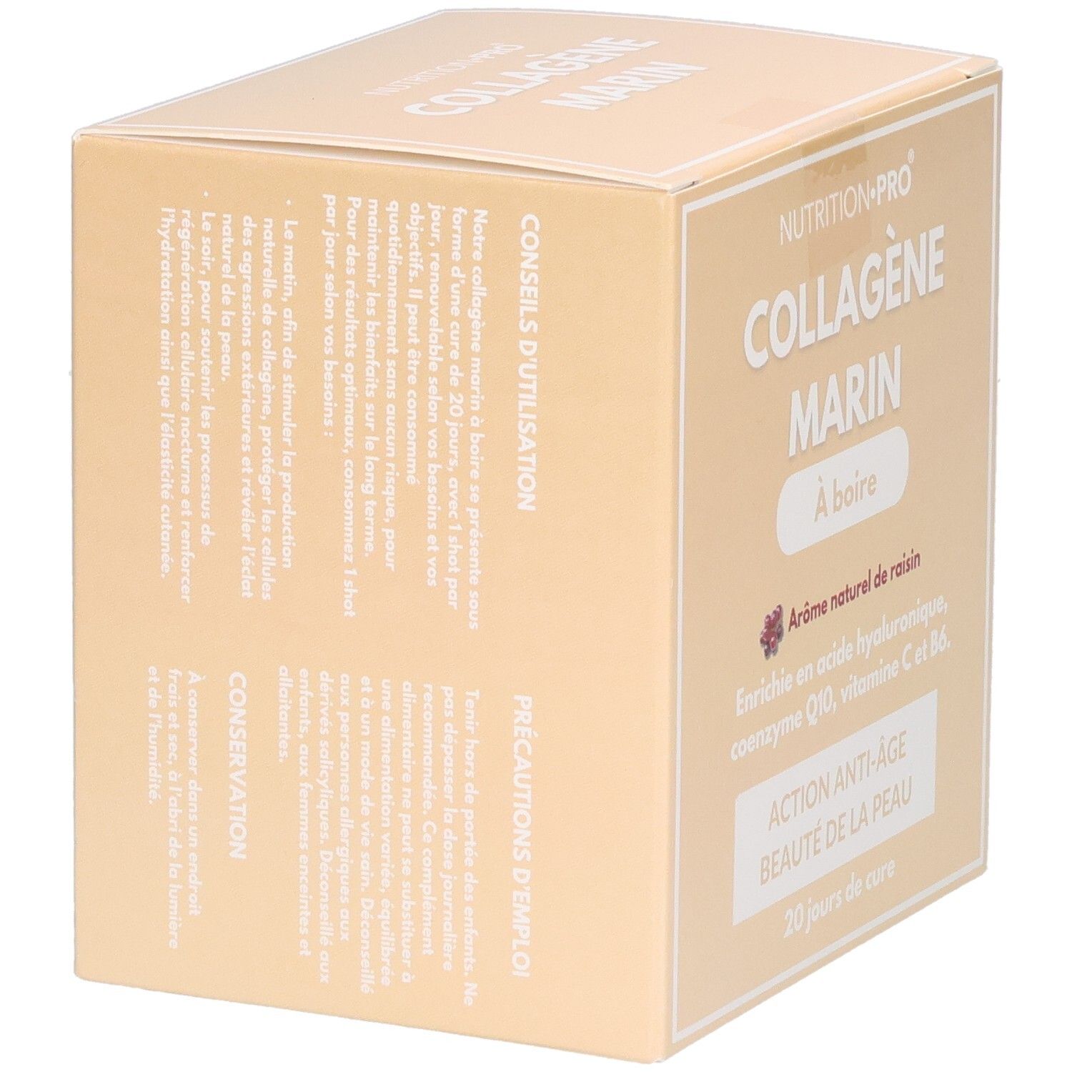 Arrière de la boîte de collagène marin à boire avec conseils d'utilisation.