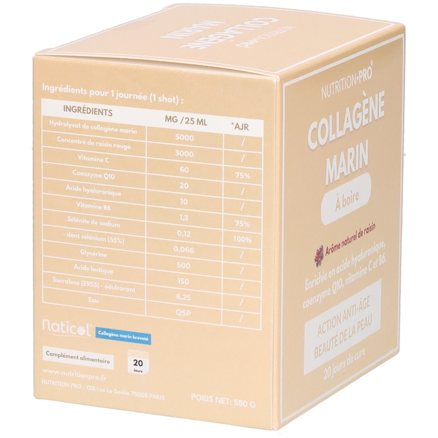 Boîte de collagène marin à boire avec tableau nutritionnel et 20 shots.