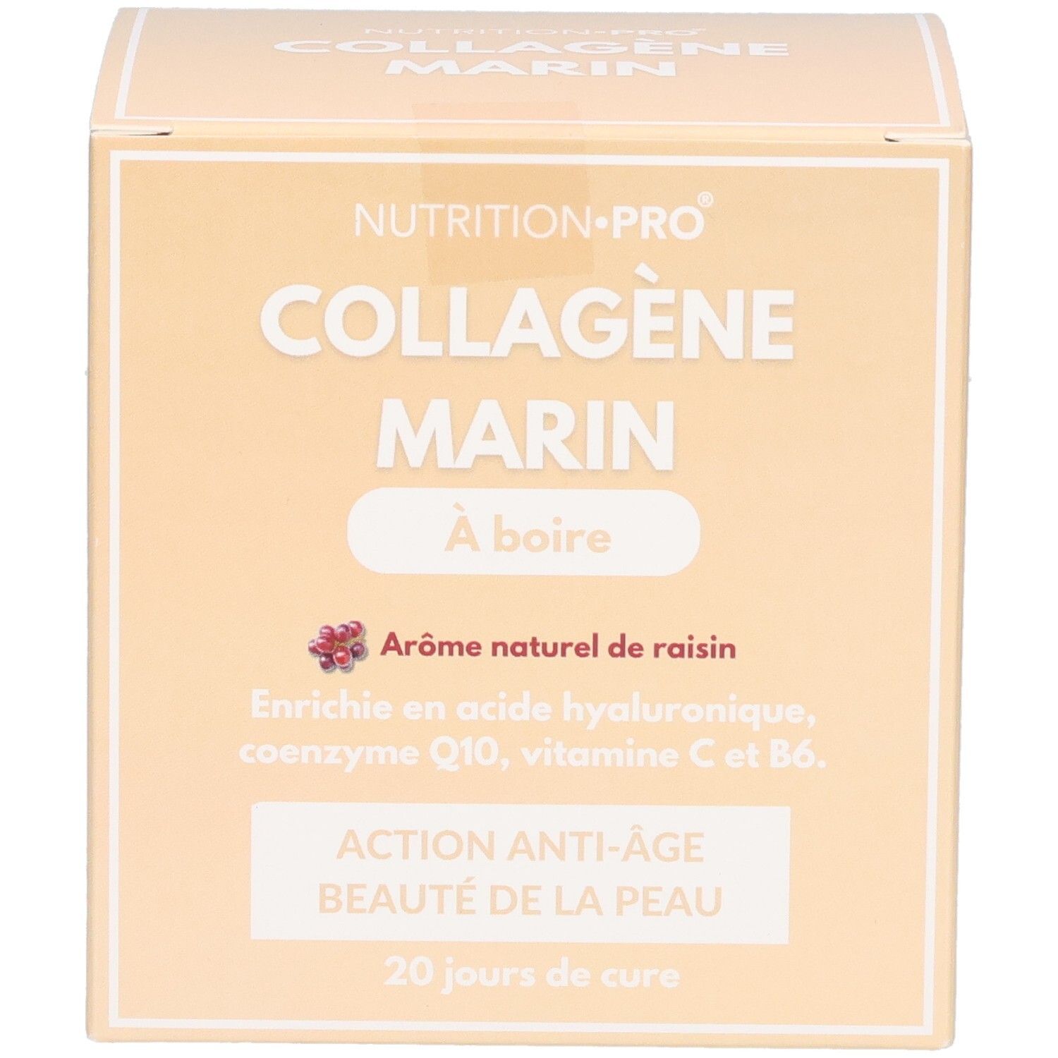 Boîte de collagène marin à boire enrichie, goût raisin.