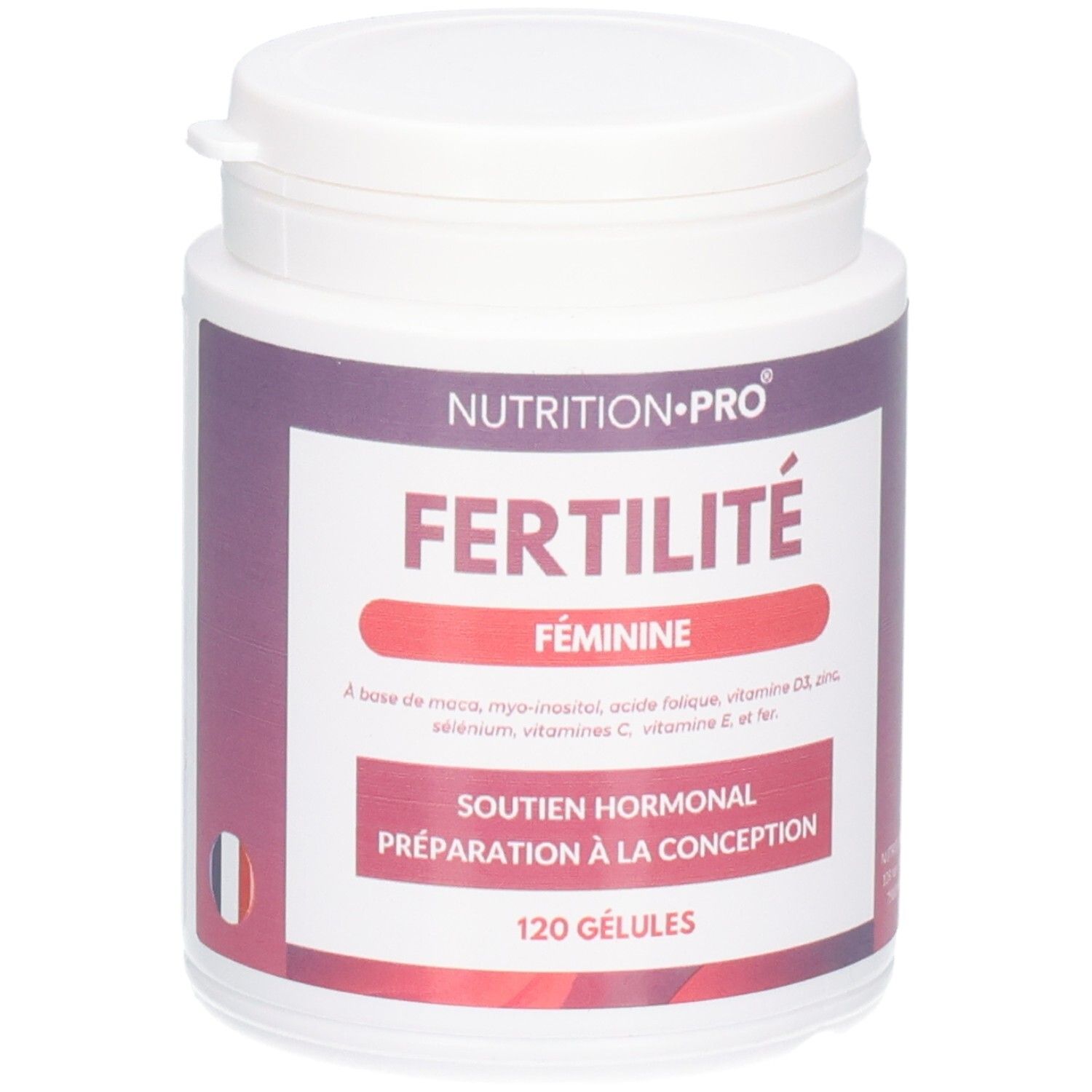Flacon blanc avec étiquette violette. Inscription: Fertilité Féminine, 120 gélules. Marque: Nutrition Pro.