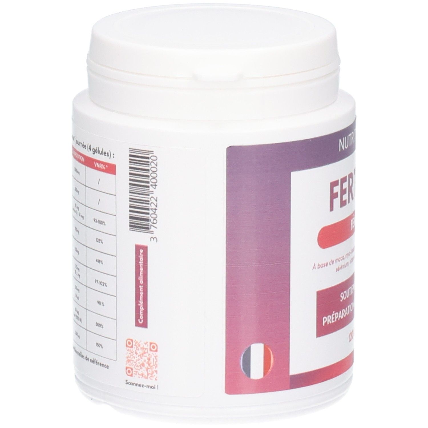 Flacon blanc, vue latérale. Étiquette avec code-barres et texte. Marque: Nutrition Pro. Drapeau français.