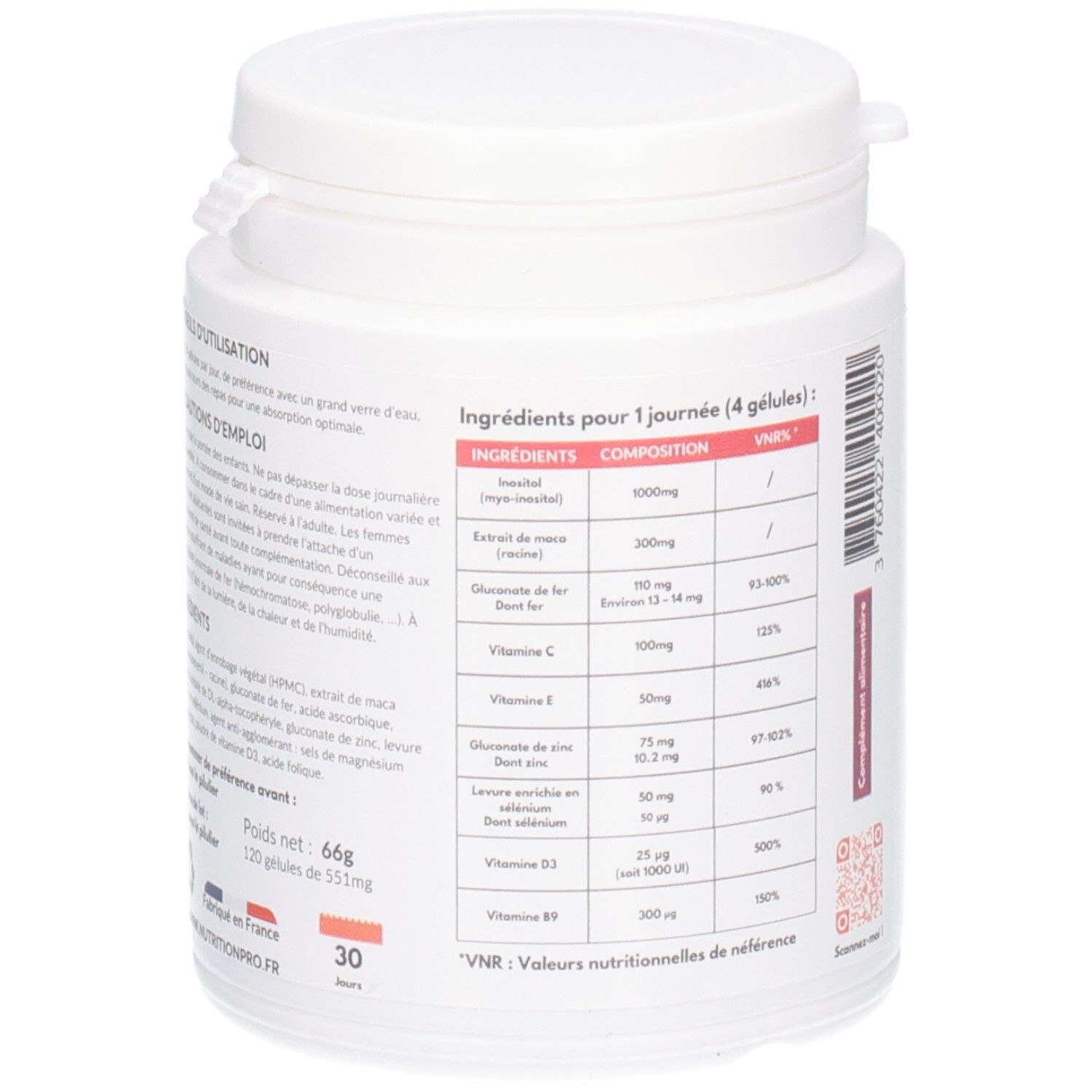 Flacon blanc, dos. Étiquette avec ingrédients et informations nutritionnelles. Marque: Nutrition Pro.