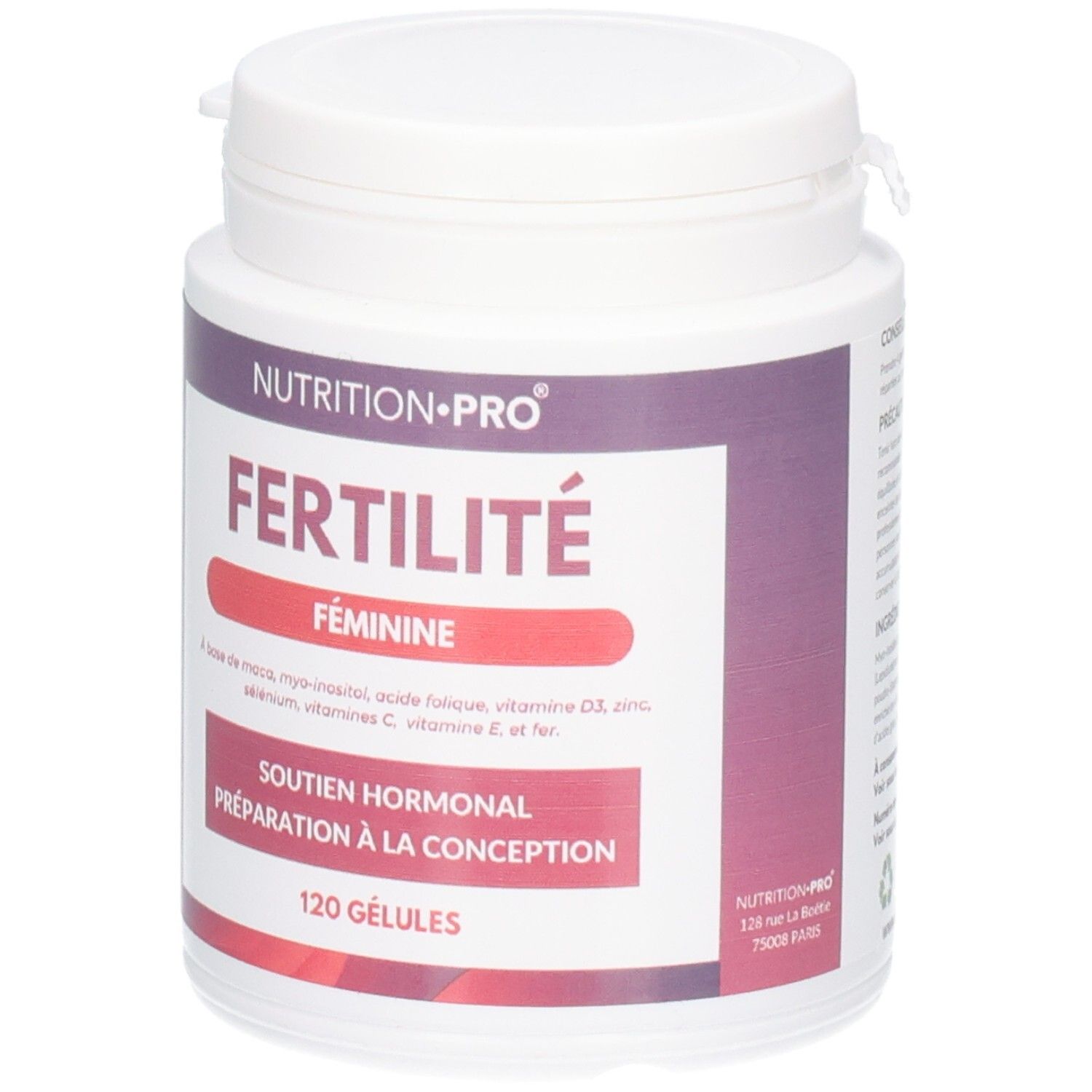 Flacon blanc avec étiquette violette. Inscription: Fertilité Féminine, 120 gélules. Marque: Nutrition Pro.