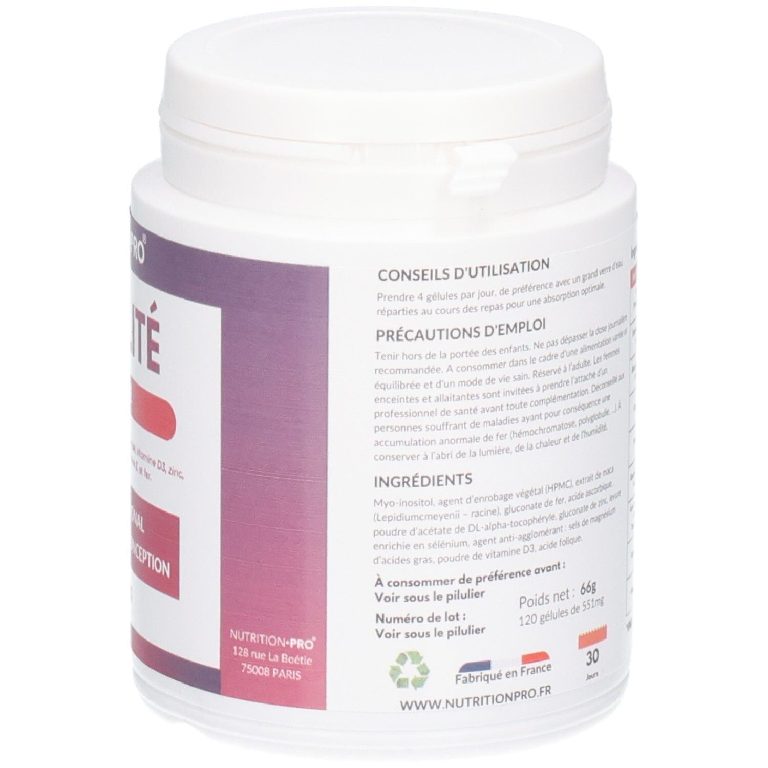Flacon blanc, dos. Étiquette avec conseils d'utilisation et ingrédients. Marque: Nutrition Pro.
