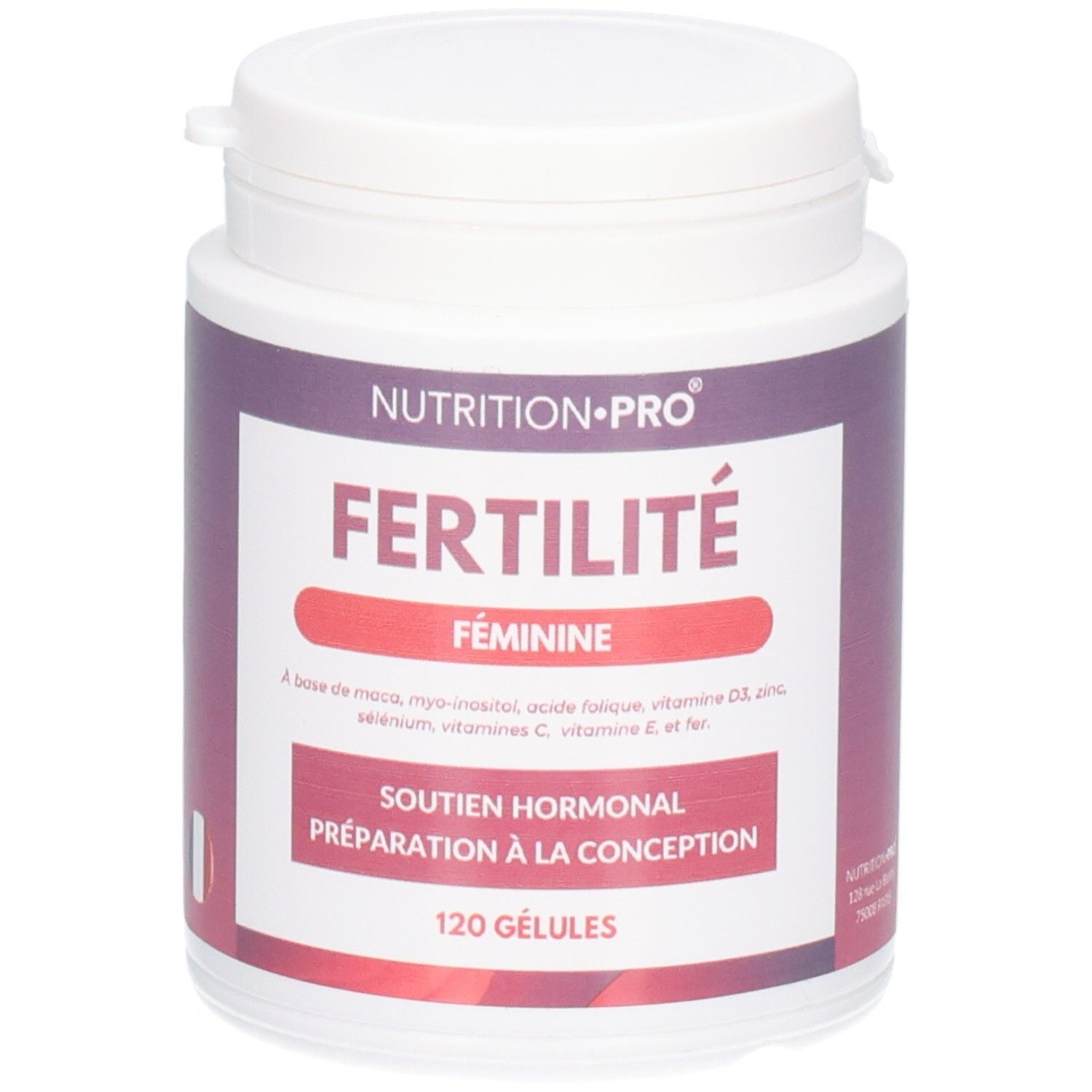 Flacon blanc avec étiquette violette. Inscription: Fertilité Féminine, 120 gélules. Marque: Nutrition Pro.