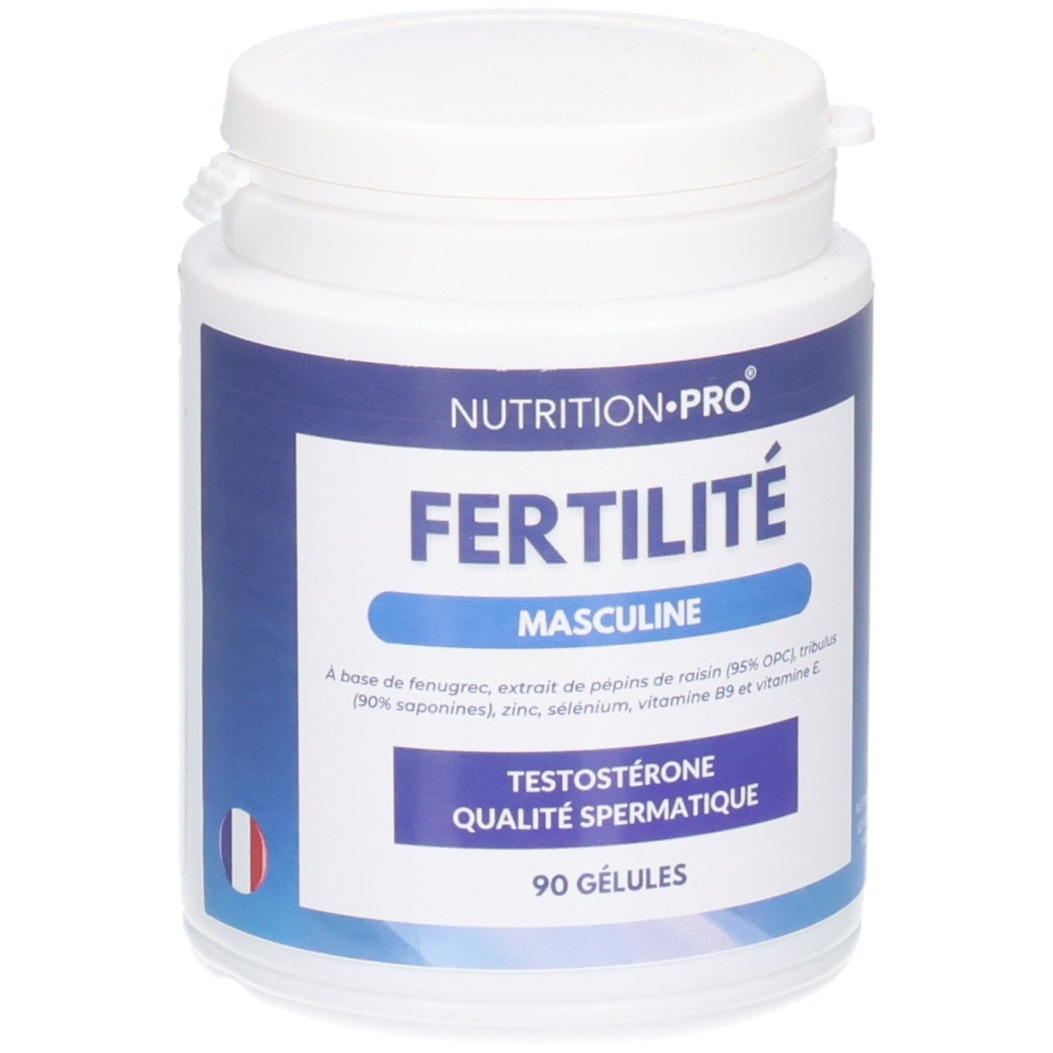 Flacon blanc avec étiquette bleue. Inscription: FERTILITÉ MASCULINE, 90 GÉLULES. Drapeau français.