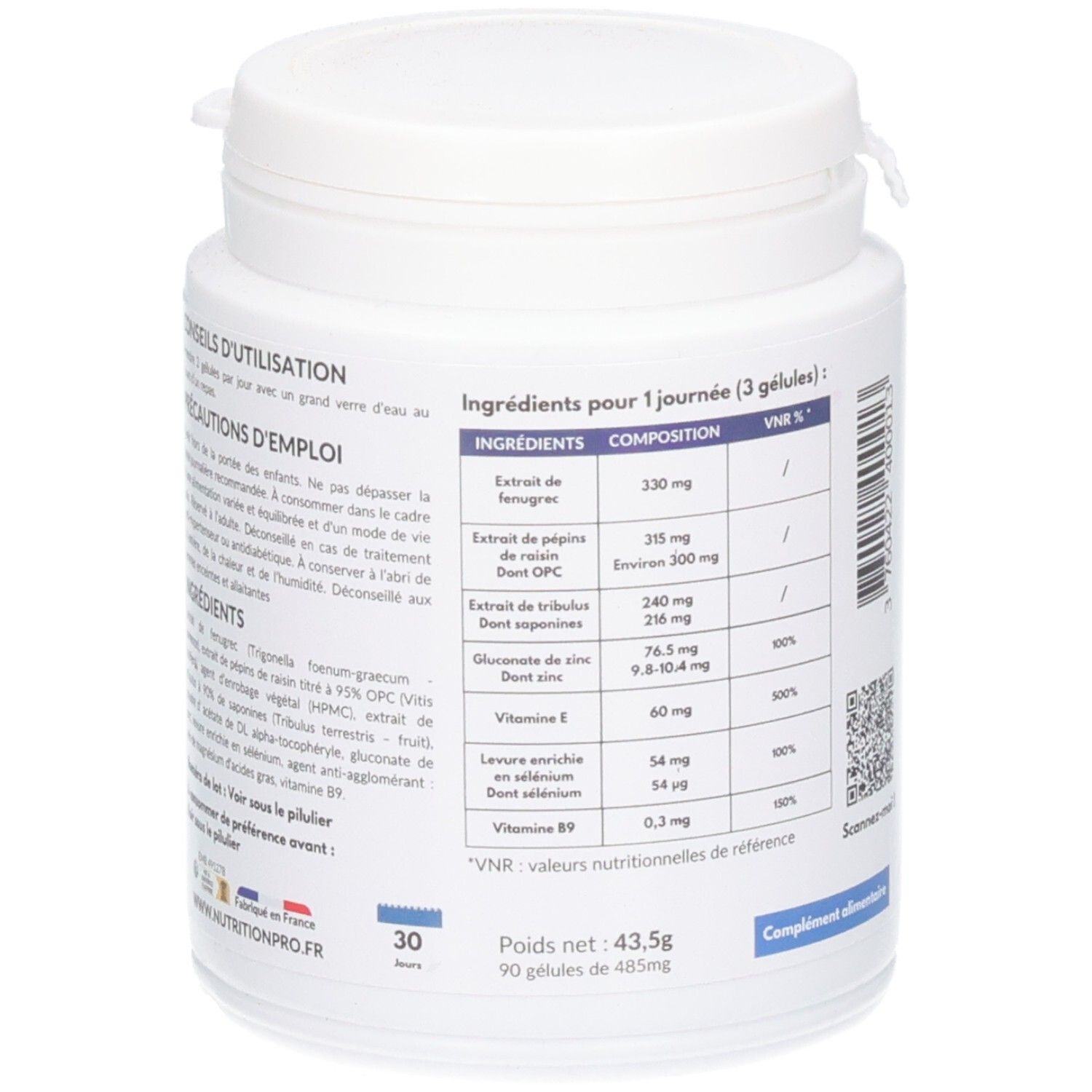 Flacon blanc, dos avec informations nutritionnelles. Inscription: FERTILITÉ MASCULINE. Liste des ingrédients et valeurs nutritionnelles.