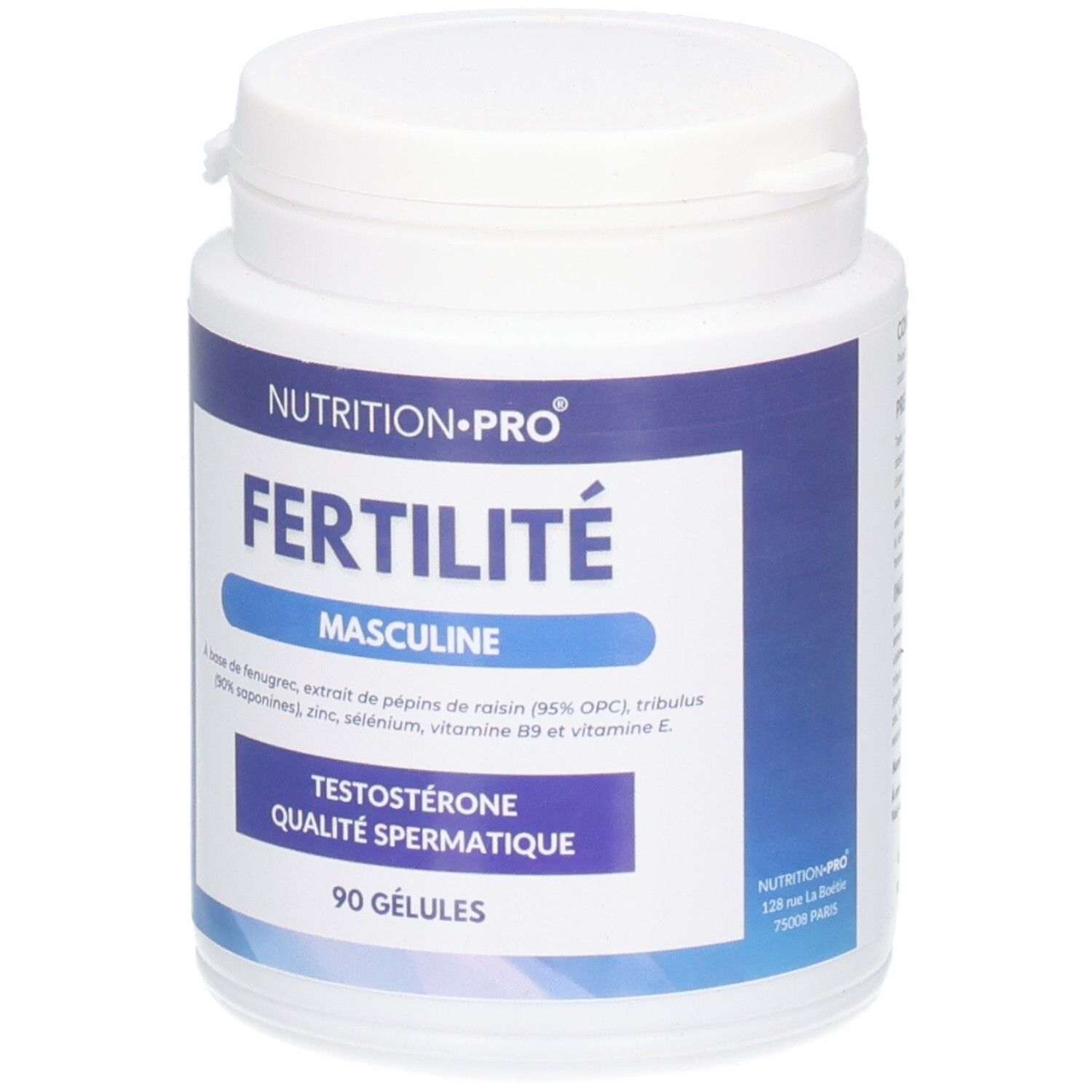 Flacon blanc avec étiquette bleue. Inscription: FERTILITÉ MASCULINE, 90 GÉLULES. Drapeau français.