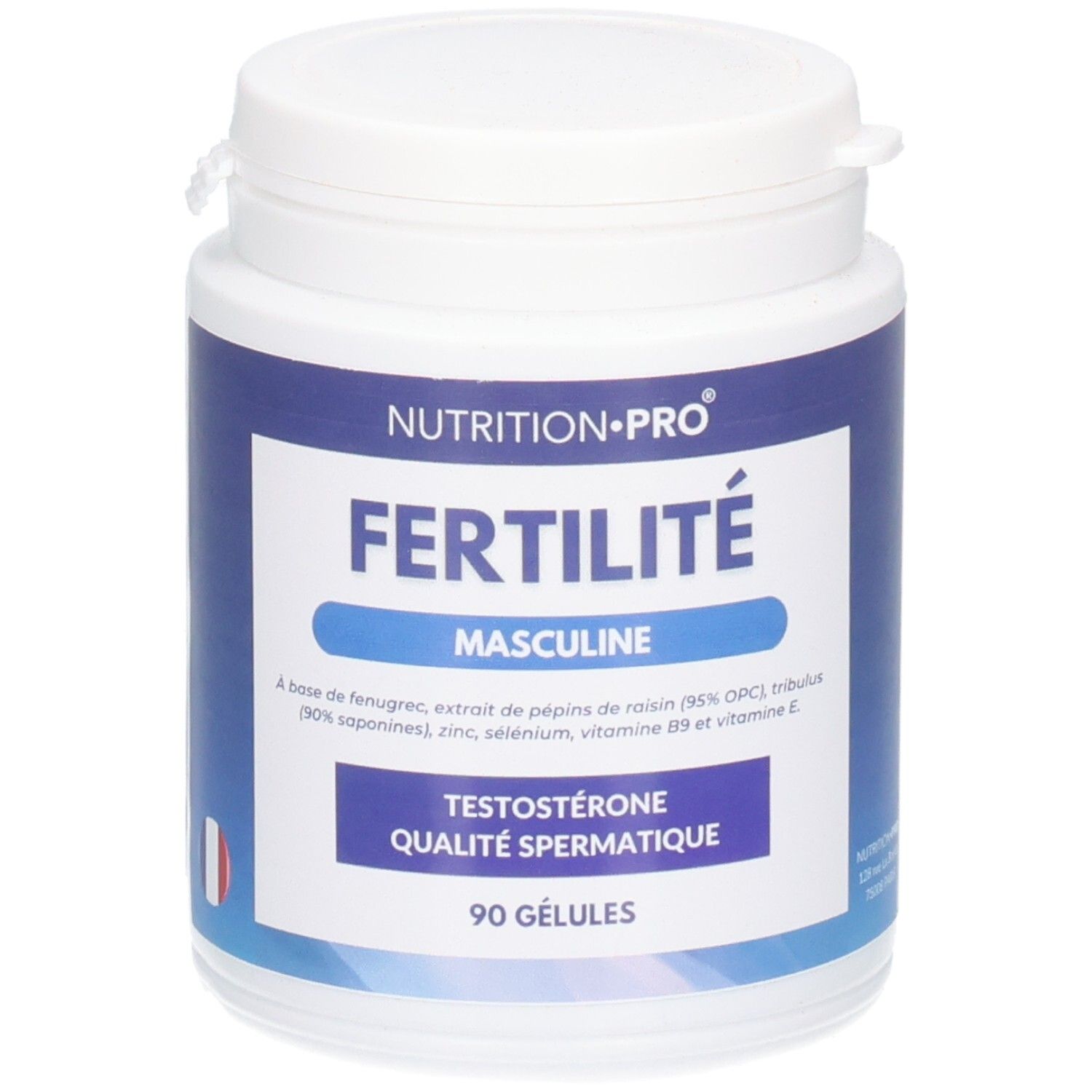 Flacon blanc avec étiquette bleue. Inscription: FERTILITÉ MASCULINE, 90 GÉLULES. Drapeau français.