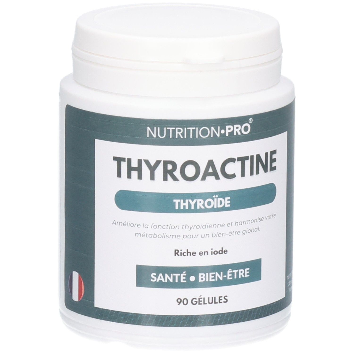 Boîte blanche avec étiquette verte. Inscription: THYROACTINE, THYROÏDE, 90 GÉLULES. Drapeau français.
