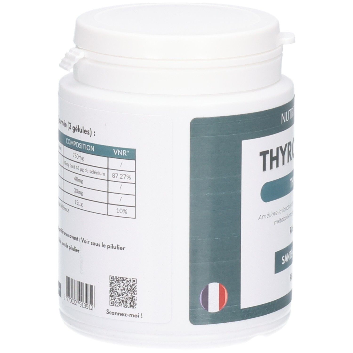 Boîte blanche, vue latérale avec étiquette verte. Inscription: THYROACTINE. Drapeau français. Code QR.