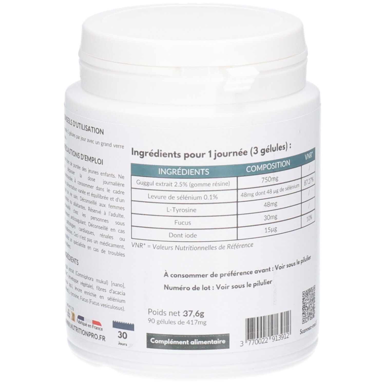 Boîte blanche, dos avec inscriptions vertes. Liste des ingrédients, informations nutritionnelles. Inscription: 90 GÉLULES, 37,6g.