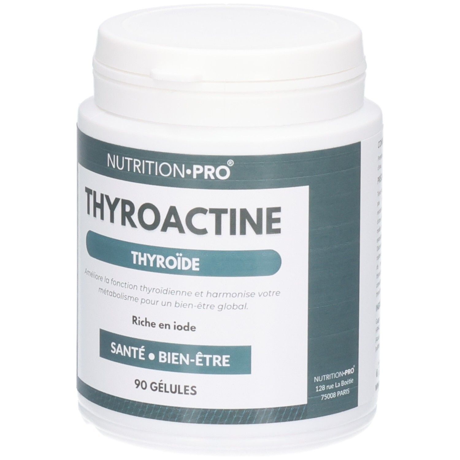 Boîte blanche avec étiquette verte. Inscription: THYROACTINE, THYROÏDE, 90 GÉLULES. Marque: NUTRITION-PRO.