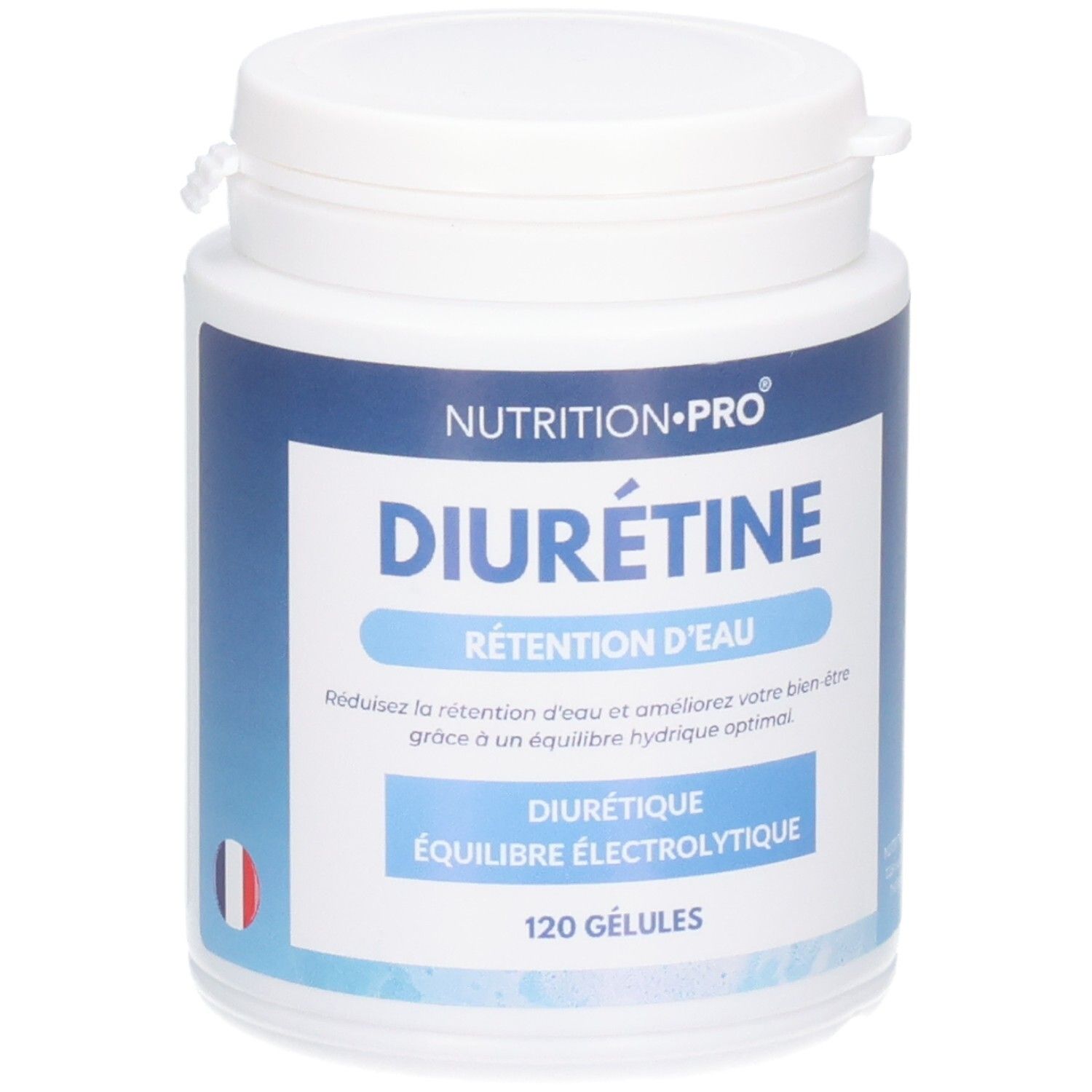Pot blanc avec étiquette bleue. Inscription: Nutrition Pro Diurétine, 120 gélules. Drapeau français.