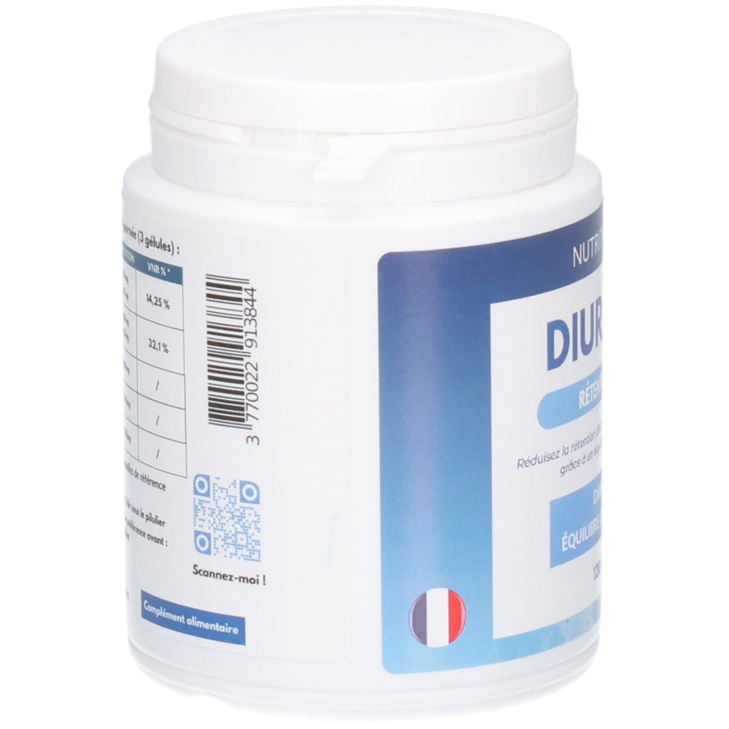 Pot blanc, dos avec texte et QR code. Drapeau français. Texte: Complément alimentaire.