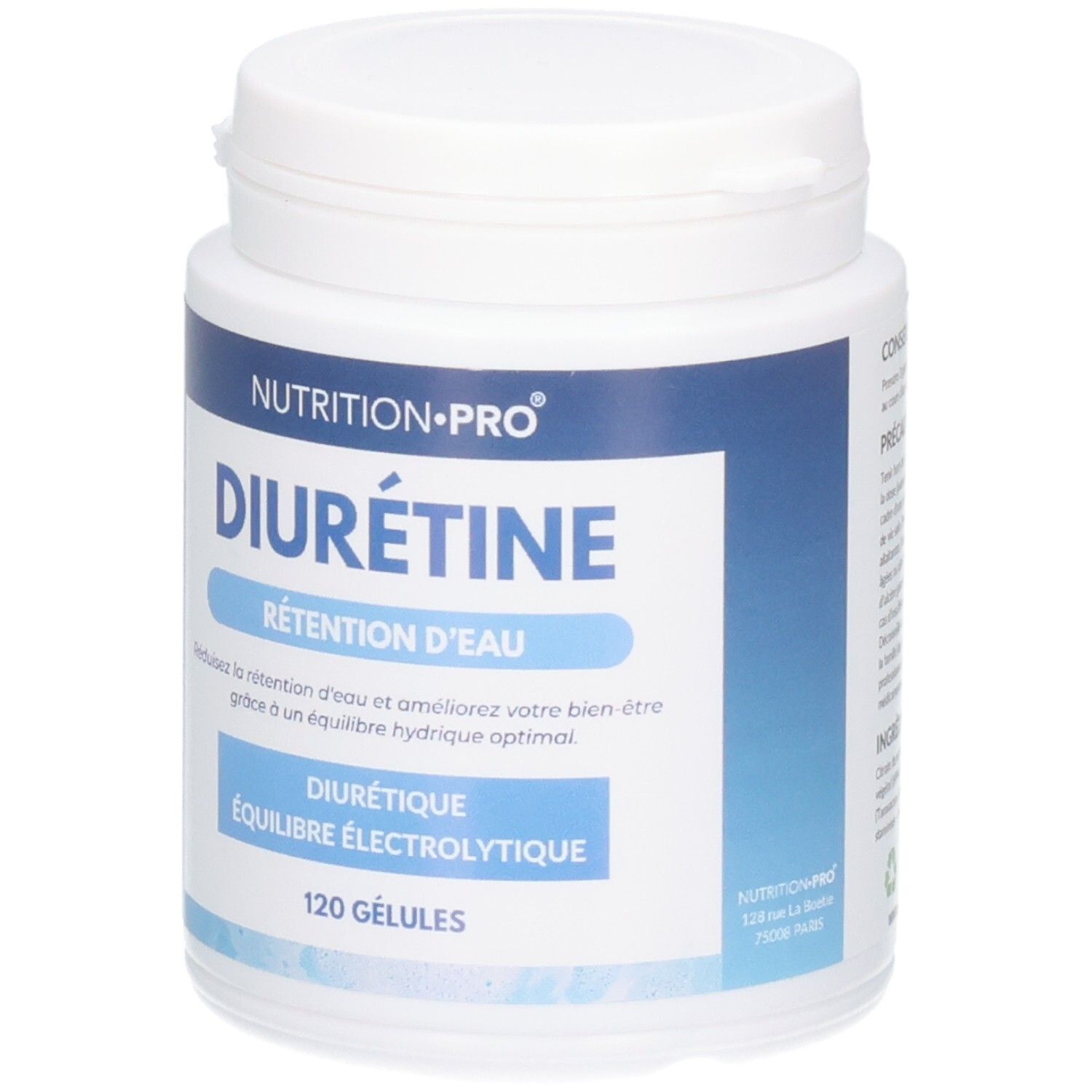 Pot blanc avec étiquette bleue. Inscription: Nutrition Pro Diurétine, 120 gélules. Drapeau français.