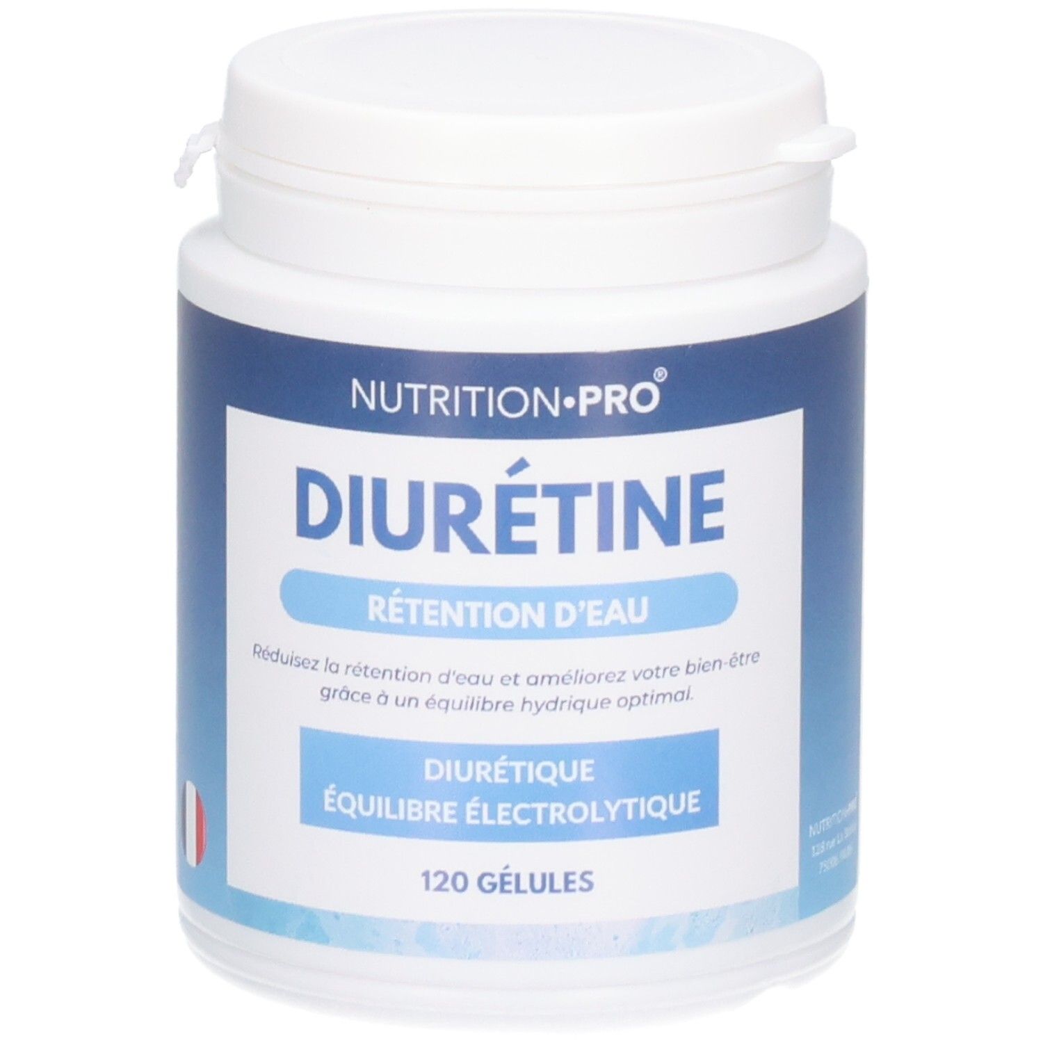 Pot blanc avec étiquette bleue. Inscription: Nutrition Pro Diurétine, 120 gélules. Drapeau français.