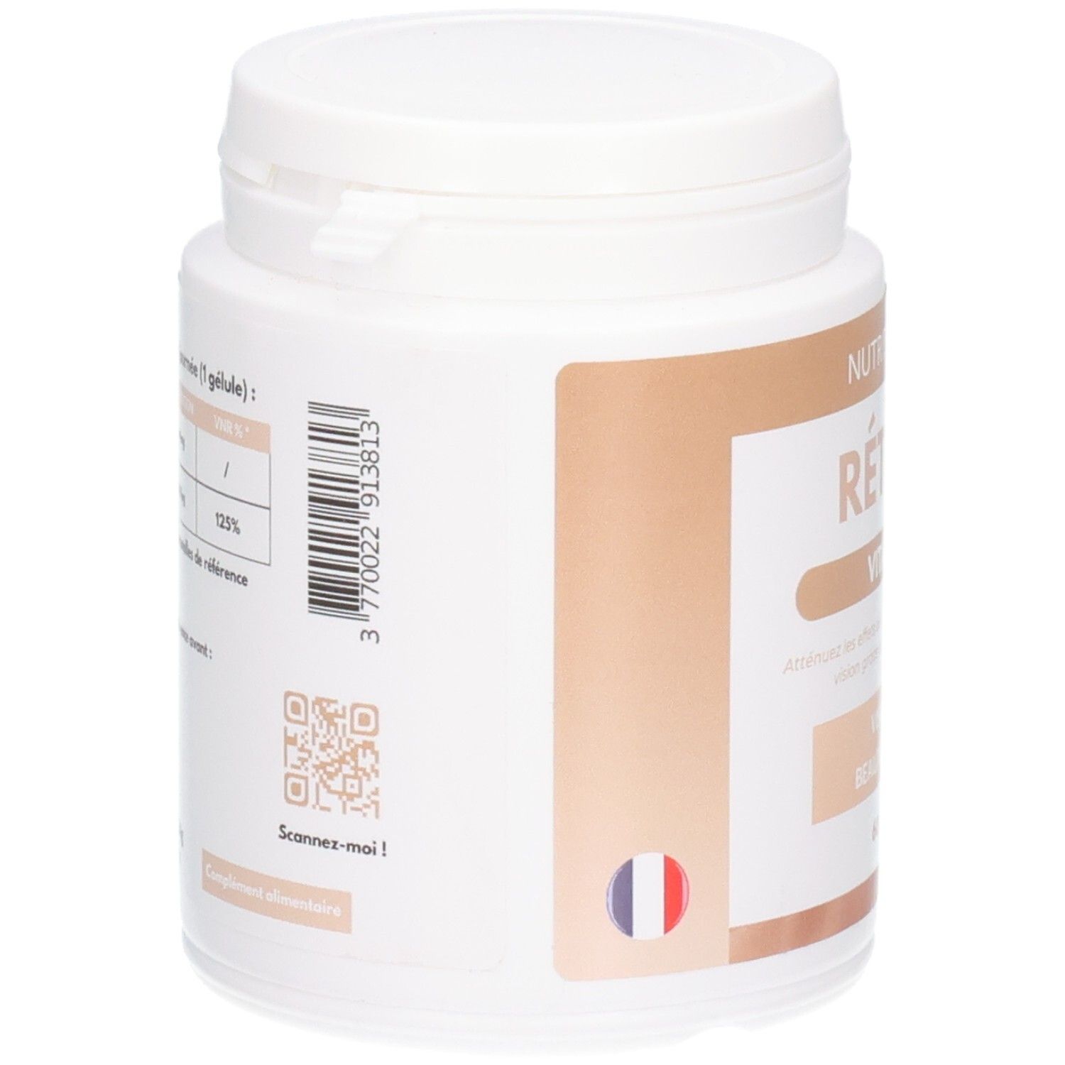 Boîte blanche, vue latérale. Code-barres et QR code visibles. Drapeau français.