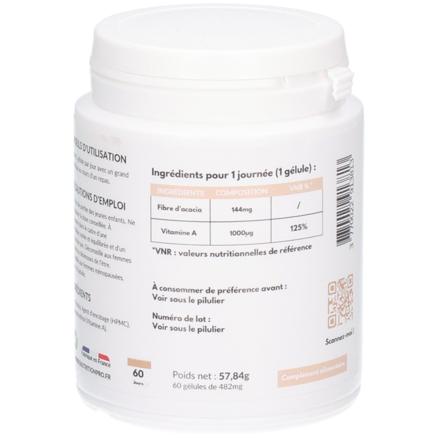 Boîte blanche, dos avec informations nutritionnelles. Contient 60 gélules. Drapeau français.