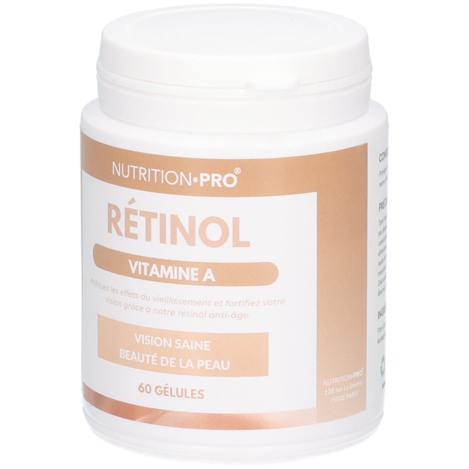 Boîte blanche avec Rétinol, Vitamine A. Contient 60 gélules. Drapeau français.