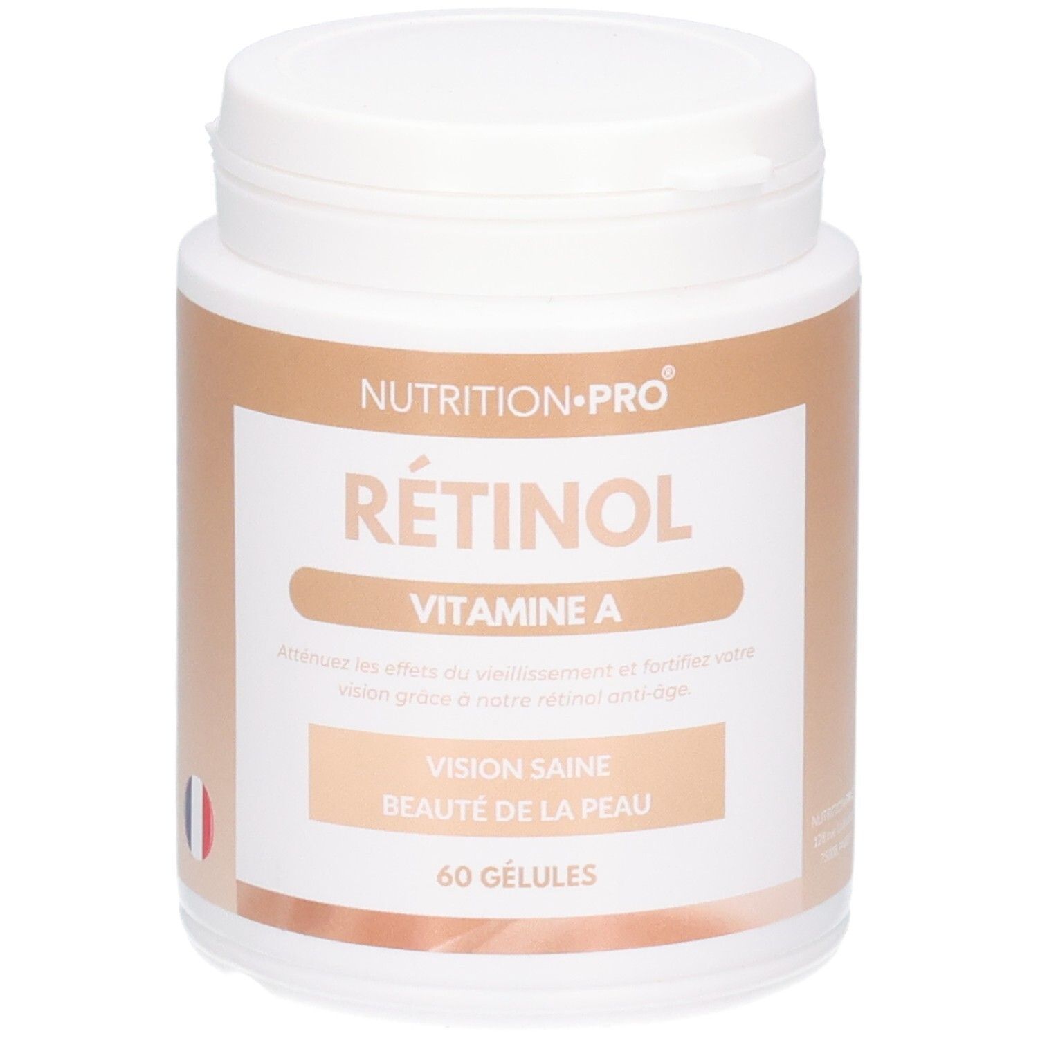Boîte blanche avec Rétinol, Vitamine A. Contient 60 gélules. Drapeau français.