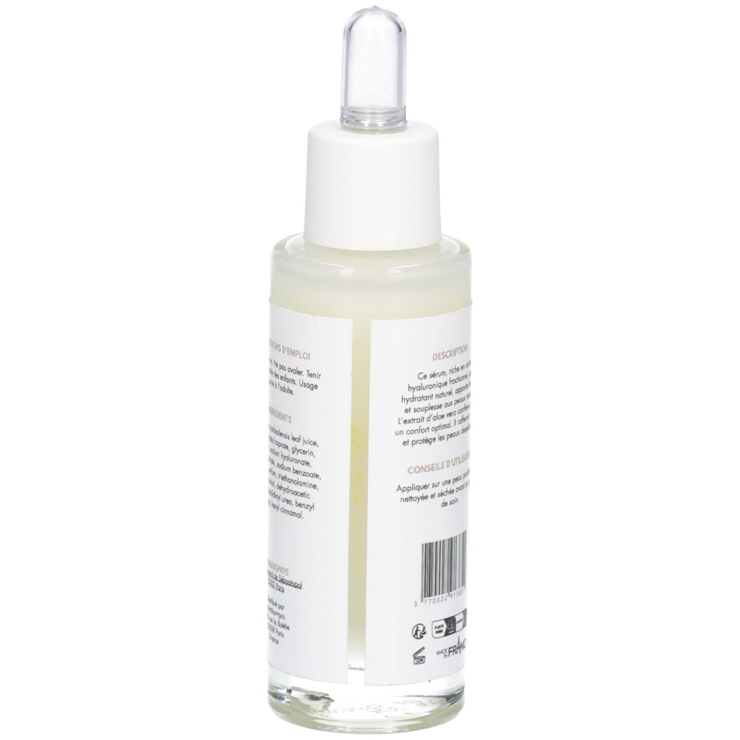 Vue latérale du flacon de Nutrition Pro Sérum à l'Acide Hyaluronique avec détails de l'étiquette.