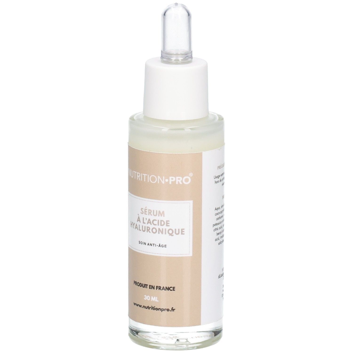 Flacon de Nutrition Pro Sérum à l'Acide Hyaluronique avec compte-gouttes, 30 ml.