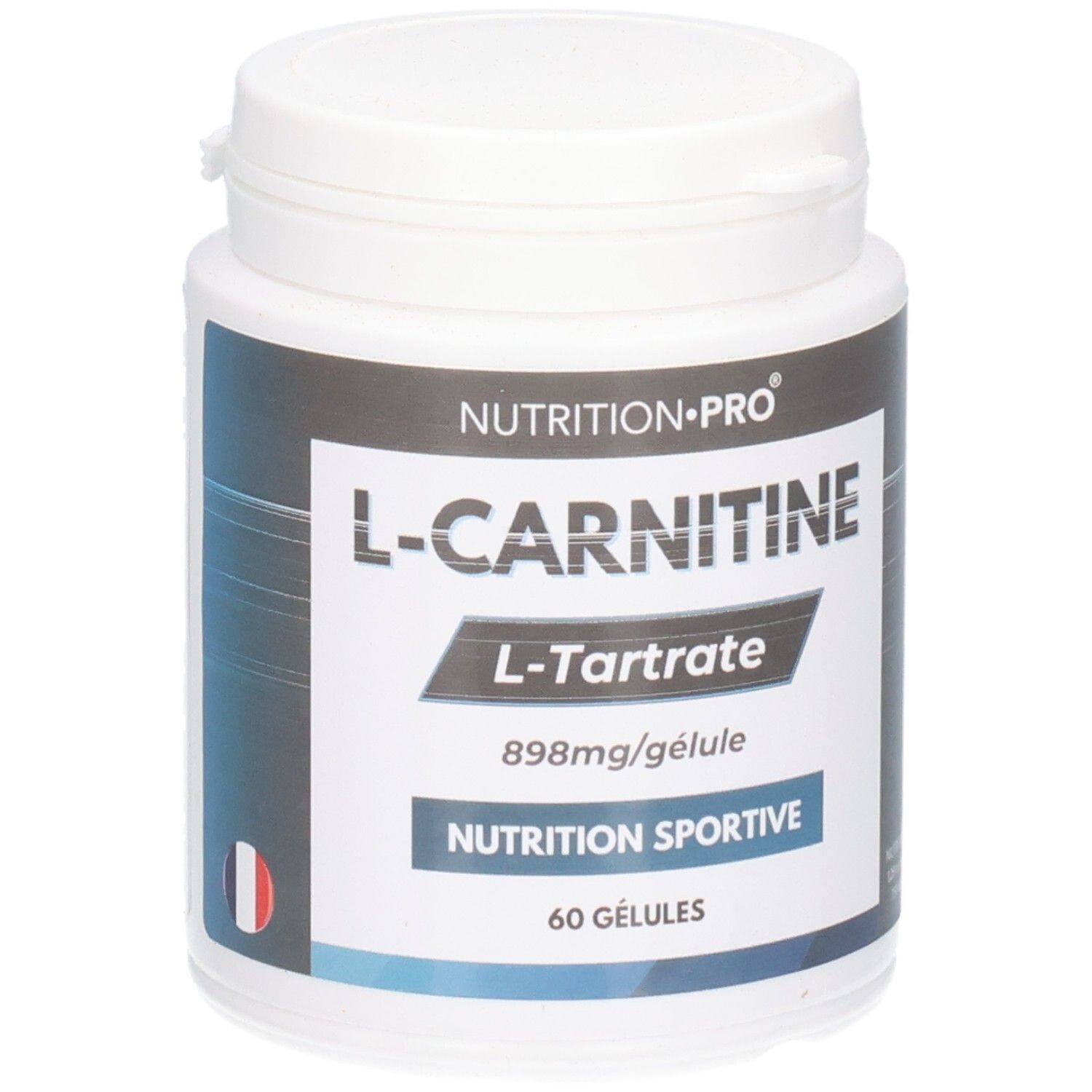 Boîte blanche avec texte bleu. Inscription: L-Carnitine, L-Tartrate, 898mg/gélule, Nutrition Sportive. Drapeau français.