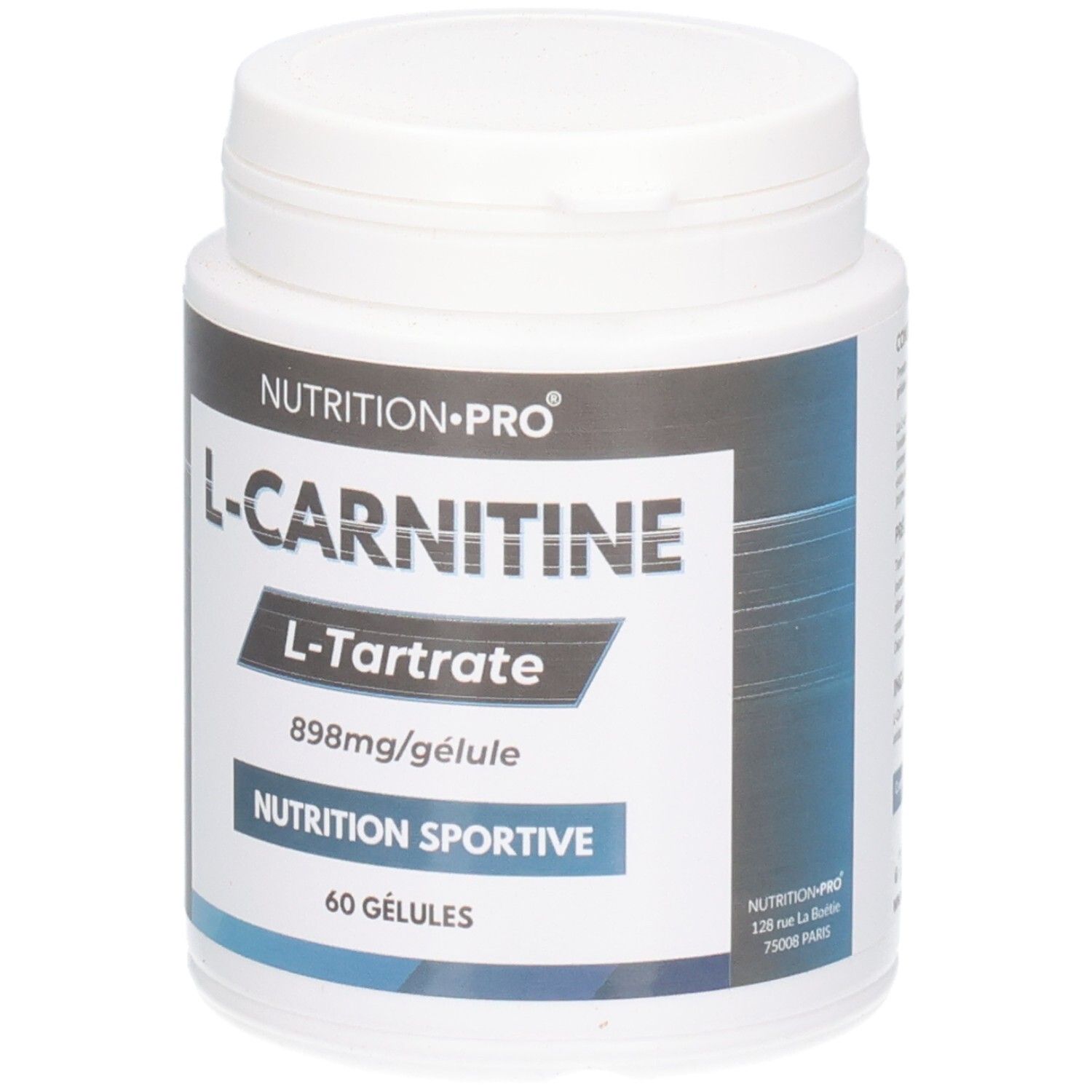 Boîte blanche avec texte bleu. Inscription: L-Carnitine, L-Tartrate, 898mg/gélule, Nutrition Sportive. 60 gélules.