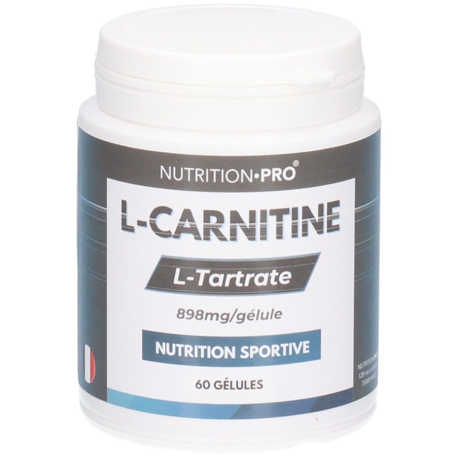 Boîte blanche avec texte bleu. Inscription: L-Carnitine, L-Tartrate, 898mg/gélule, Nutrition Sportive. 60 gélules.
