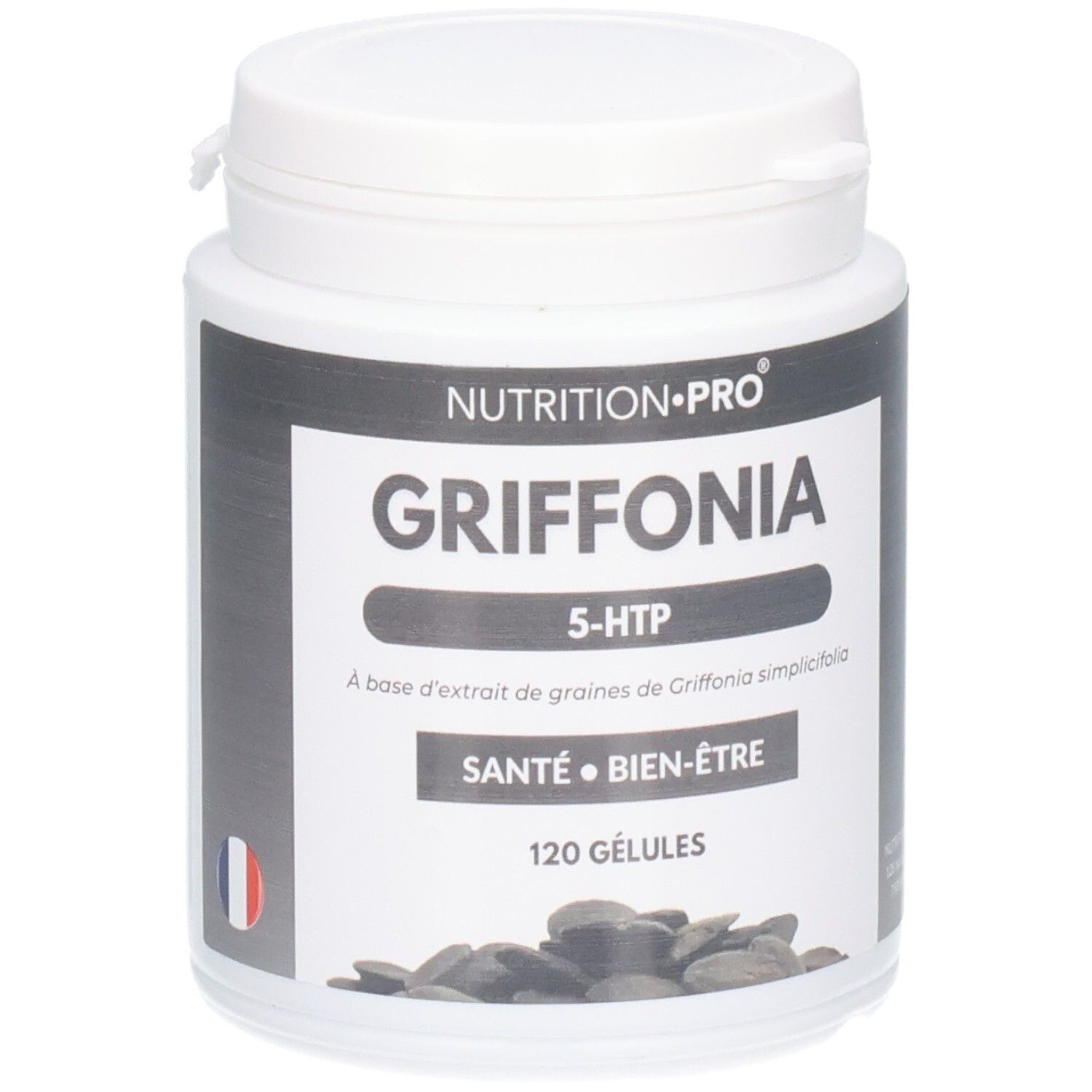 Pot blanc avec étiquette noire. Inscription GRIFFONIA, 5-HTP, 120 GÉLULES. Drapeau français.