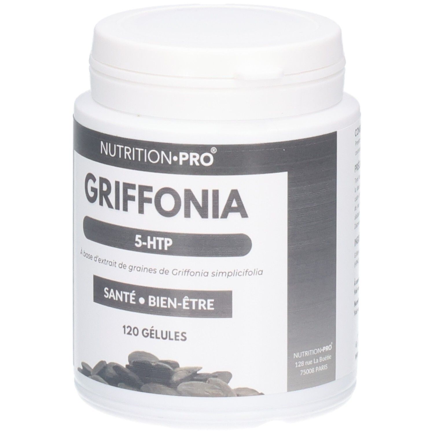 Pot blanc avec étiquette noire. Inscription GRIFFONIA, 5-HTP, 120 GÉLULES. Drapeau français.