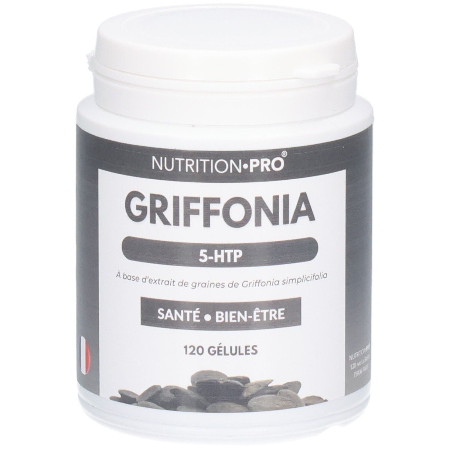 Pot blanc avec étiquette noire. Inscription GRIFFONIA, 5-HTP, 120 GÉLULES. Drapeau français.