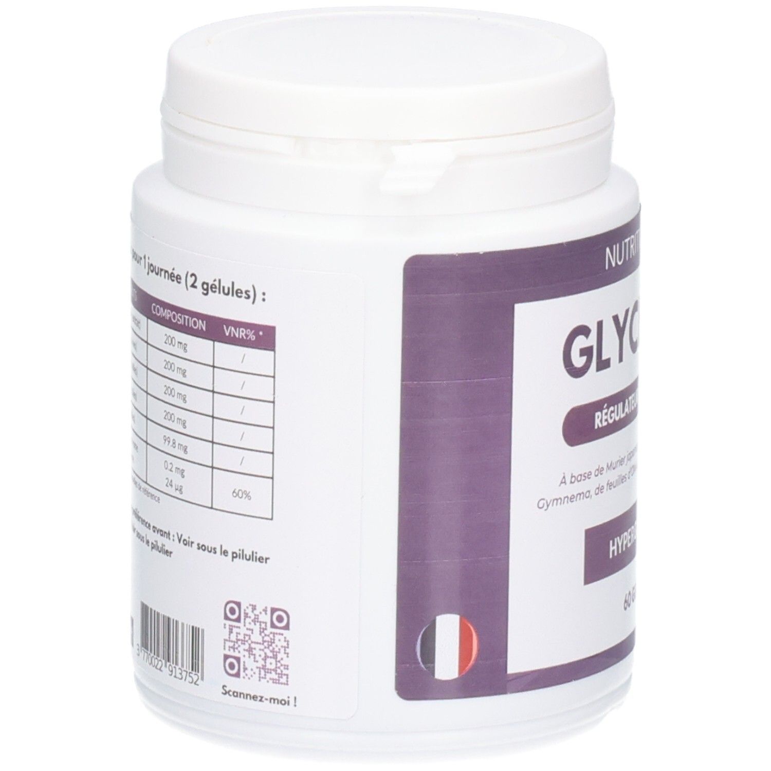 Flacon blanc, vue latérale. Étiquette violette avec texte et QR code. Drapeau français. Inscription: GLYCÉMINE, 60 GÉLULES.