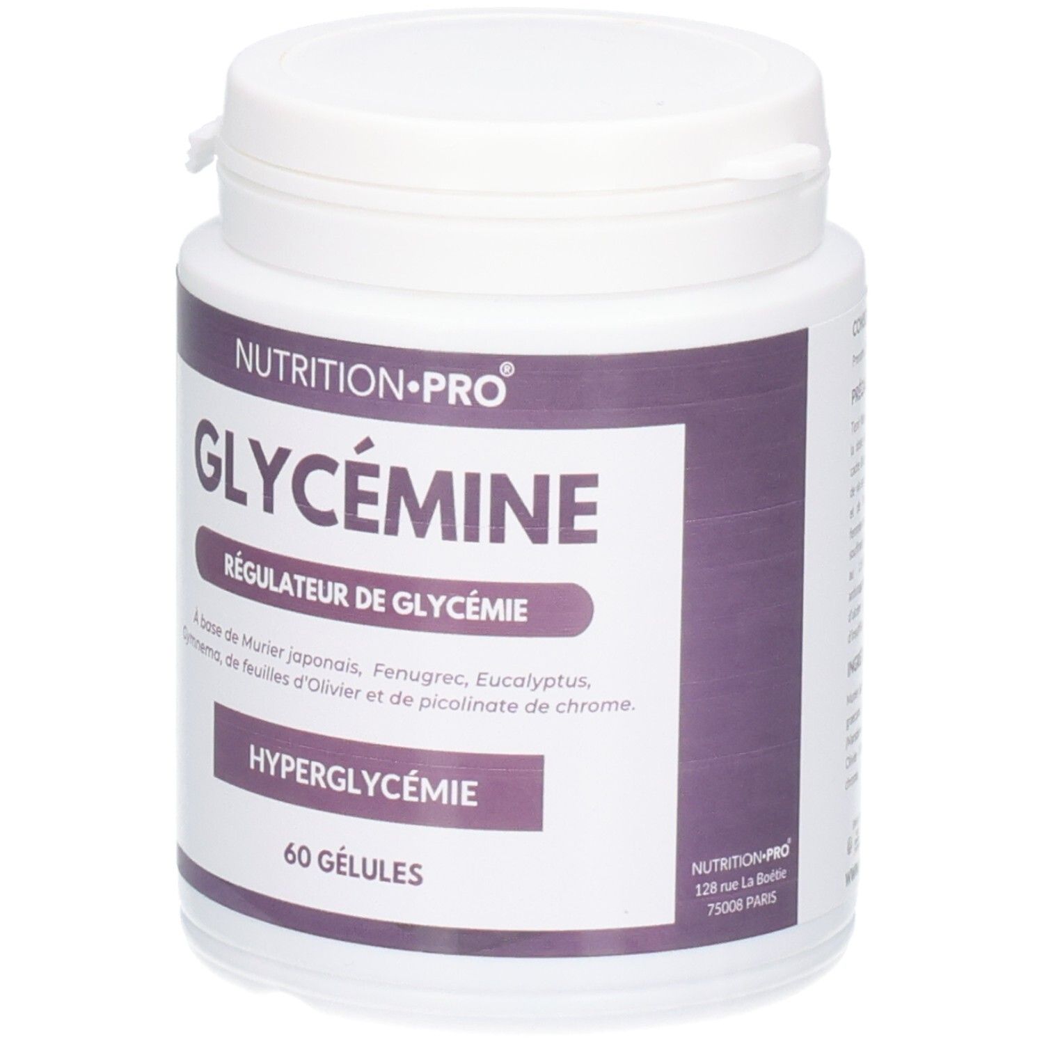 Flacon blanc avec étiquette violette. Inscription: GLYCÉMINE, 60 GÉLULES. Marque: NUTRITION PRO. Adresse: 129 rue La Boétie, Paris.