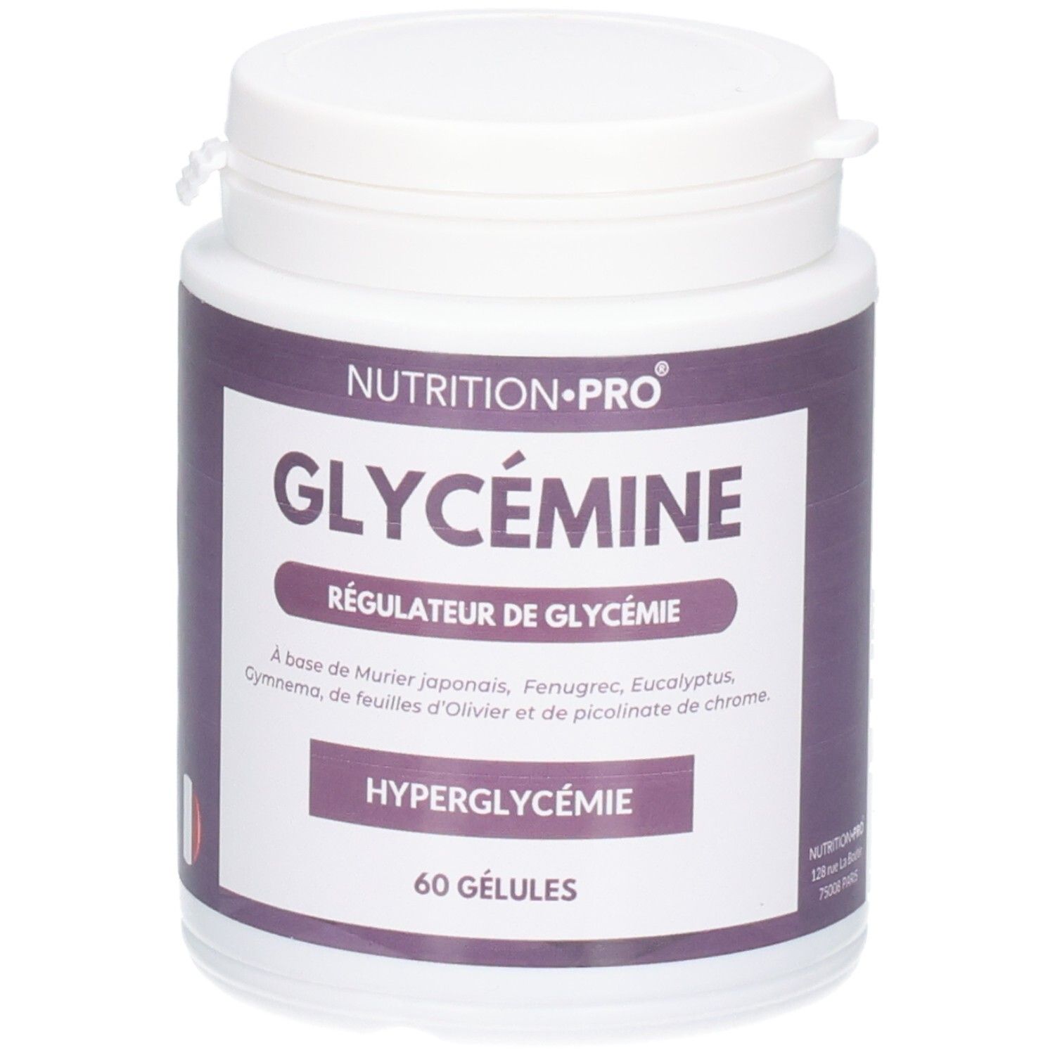 Flacon blanc avec étiquette violette. Inscription: GLYCÉMINE, 60 GÉLULES. Marque: NUTRITION PRO. Drapeau français.