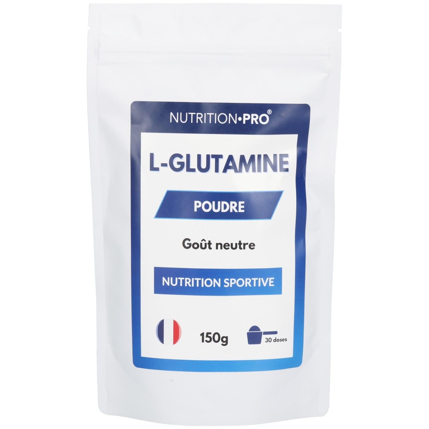 Sachet blanc avec étiquette bleue. Inscription: L-GLUTAMINE, POUDRE, Goût neutre, 150g. Marque: NUTRITION-PRO. Drapeau français.