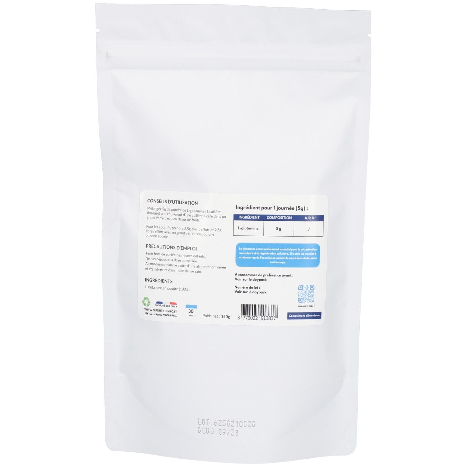Dos du sachet blanc. Texte: CONSEILS D'UTILISATION, INGREDIENTS, Composition, 1 g L-Glutamine. Drapeau français. Symboles de recyclage.