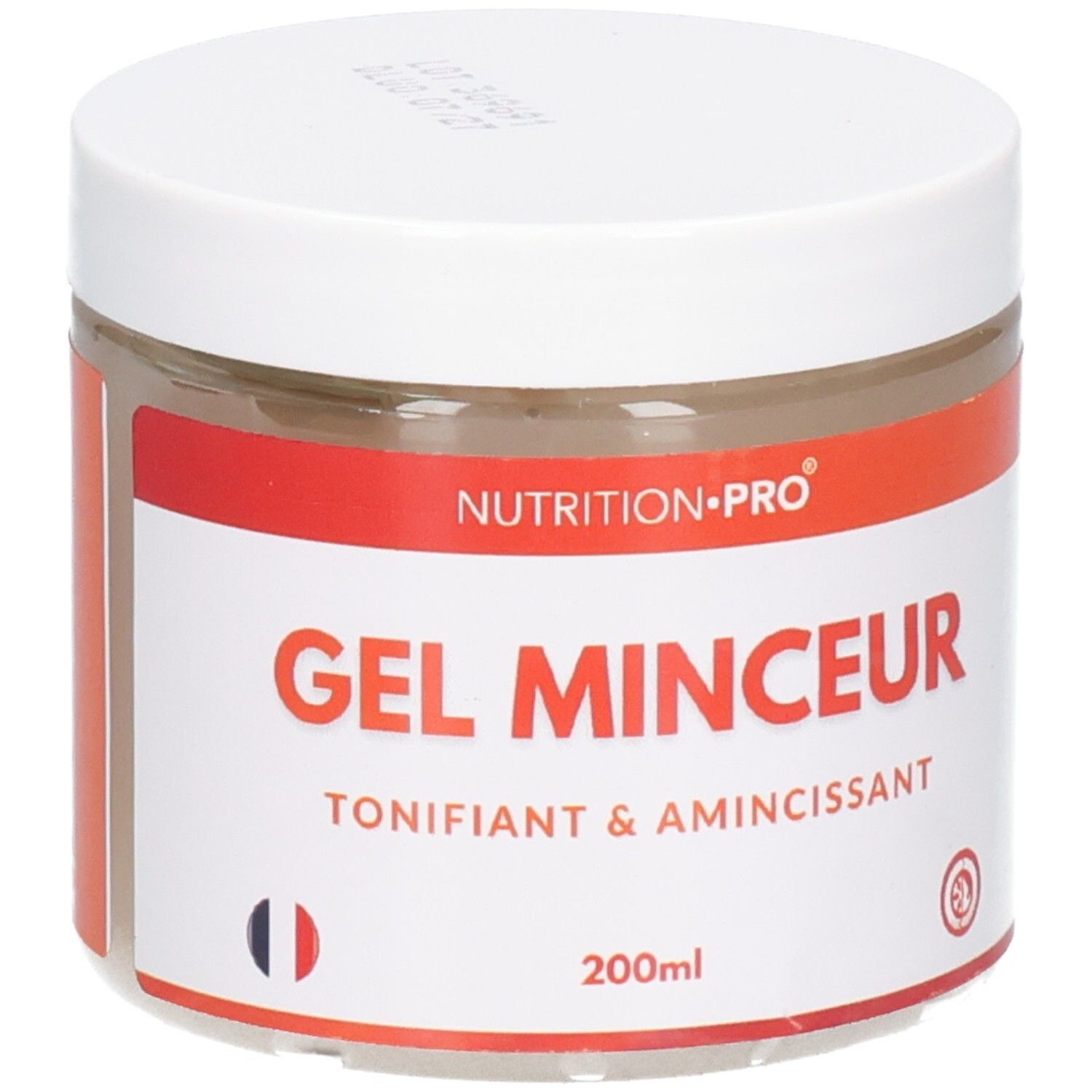 Pot blanc avec étiquette rouge et blanche. Inscription: Nutrition-Pro Gel Minceur, Tonifiant & Amincissant. Drapeau français.
