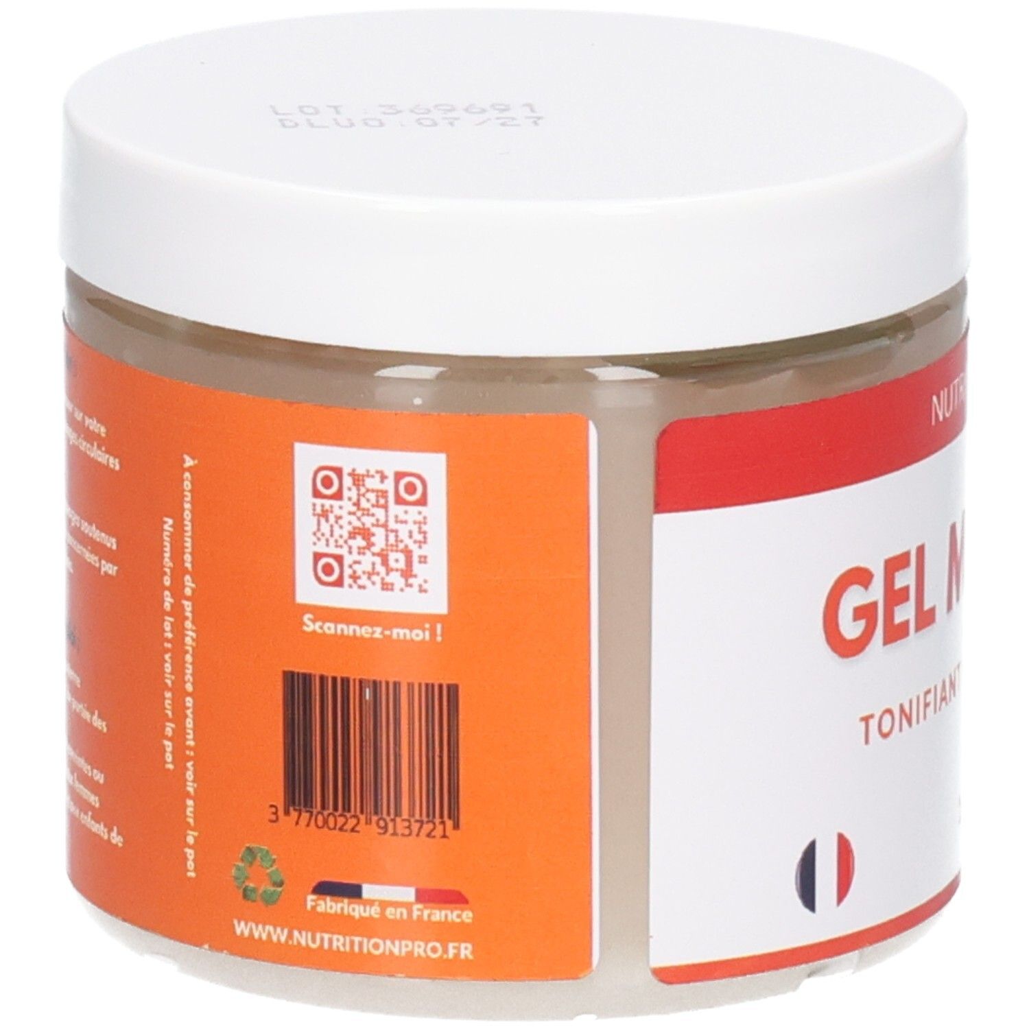 Dos du pot blanc avec étiquette orange. Code QR et code-barres. Texte: Fabriqué en France. Adresse du site web.