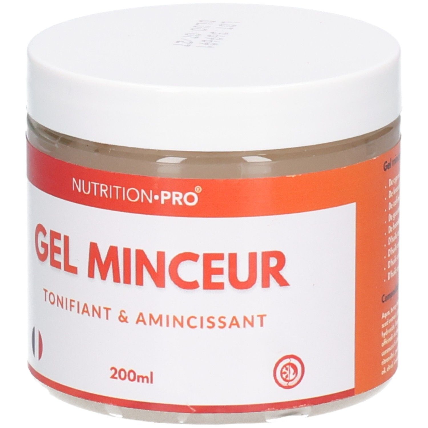Pot blanc avec étiquette rouge et blanche. Inscription: Nutrition-Pro Gel Minceur, Tonifiant & Amincissant. Drapeau français.