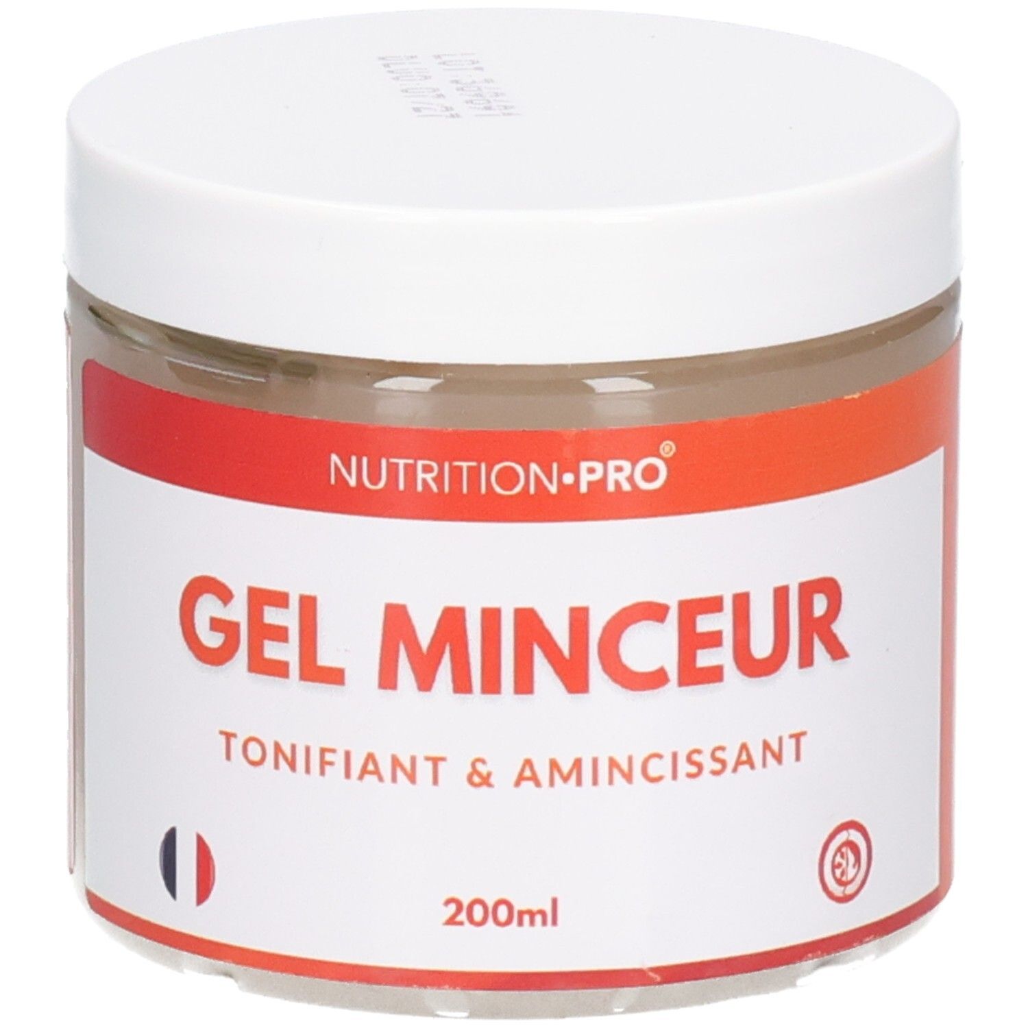 Pot blanc avec étiquette rouge et blanche. Inscription: Nutrition-Pro Gel Minceur, Tonifiant & Amincissant. Drapeau français.