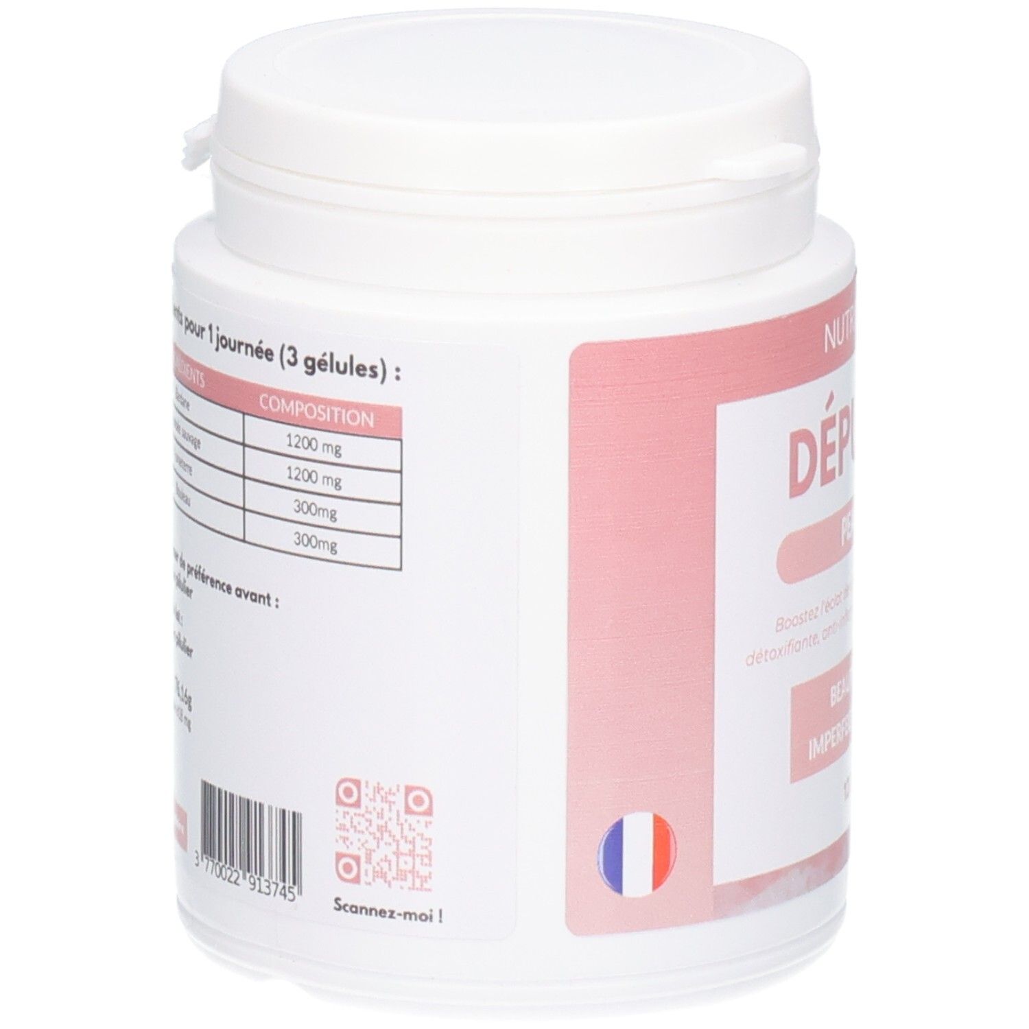 Dos du pot blanc. Texte: Composition, Ingrédients, code-barres. Drapeau français. Code QR.