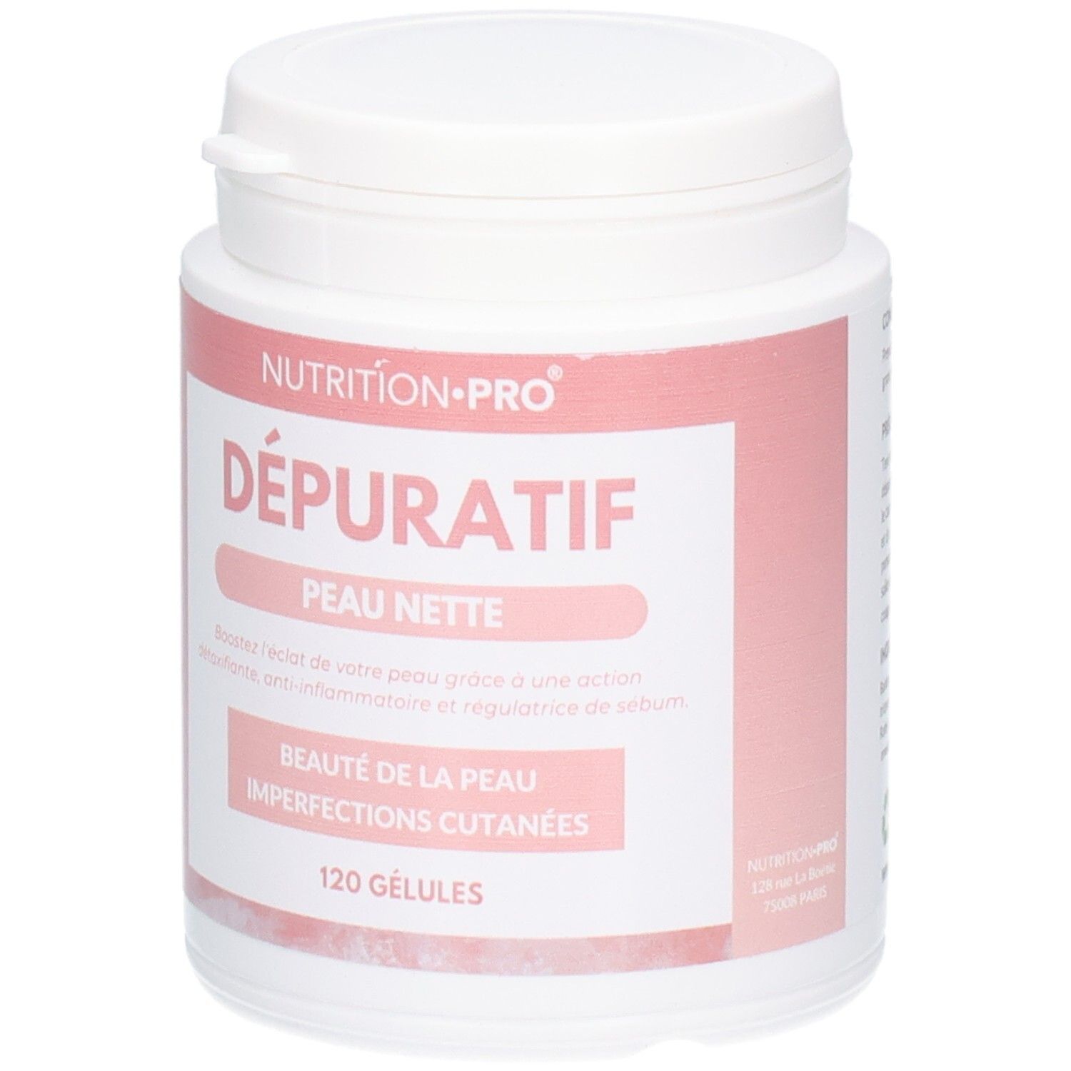 Pot blanc avec étiquette rose. Texte: DÉPURATIF, PEAU NETTE, 120 GÉLULES. Marque: NUTRITION-PRO. Drapeau français.