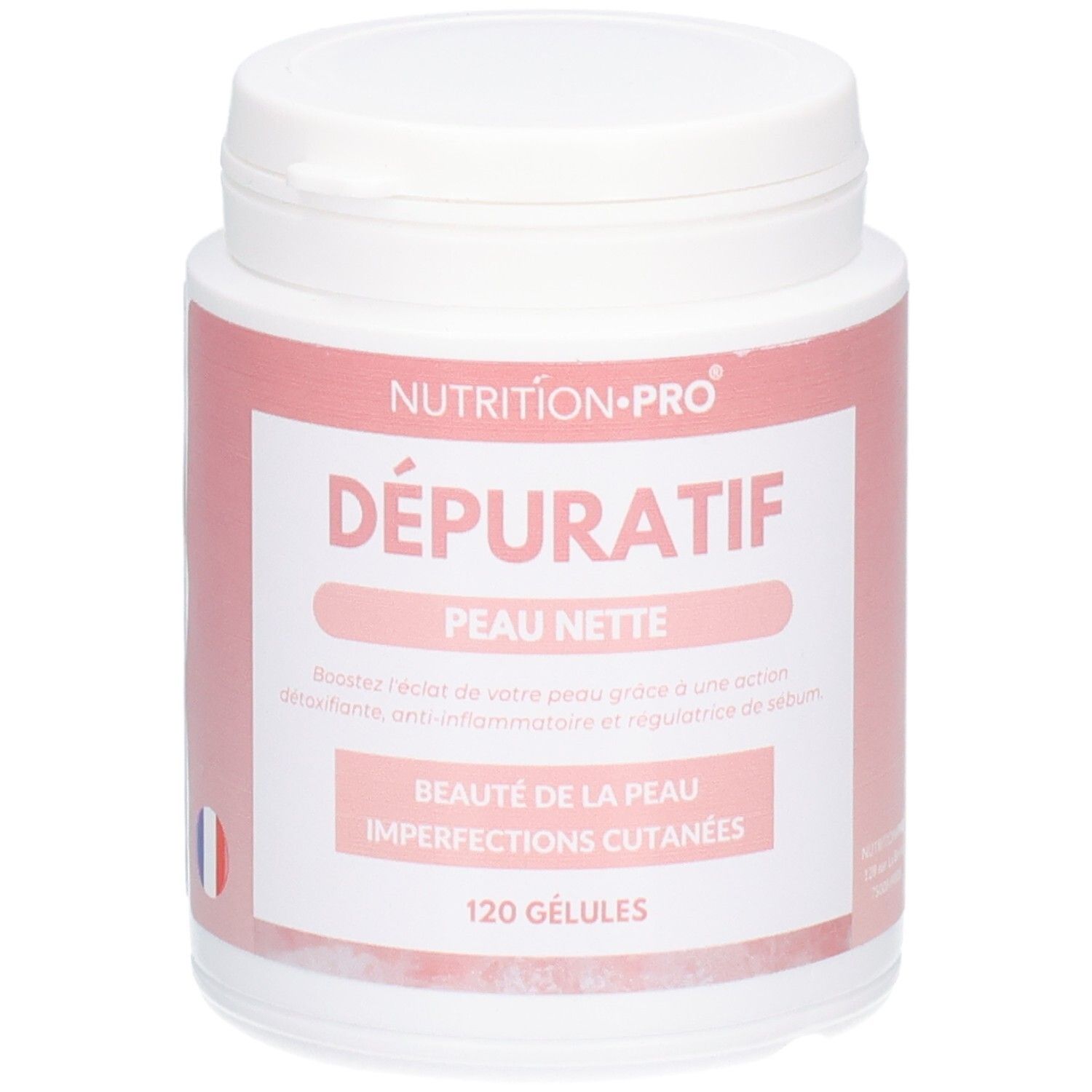 Pot blanc avec étiquette rose. Texte: DÉPURATIF, PEAU NETTE, 120 GÉLULES. Marque: NUTRITION-PRO. Drapeau français.