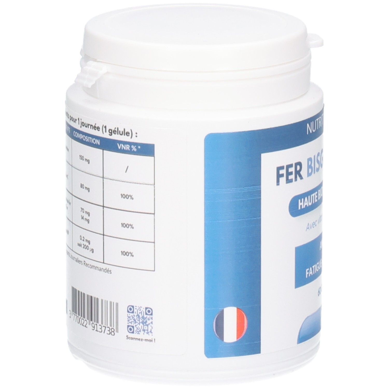 Flacon blanc, vue latérale. Étiquette bleue avec texte et drapeau français. Contient informations sur la composition et les valeurs nutritionnelles.