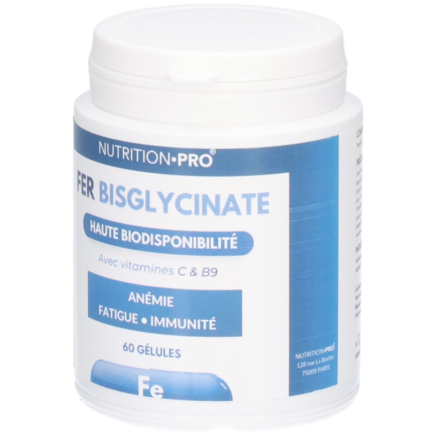 Flacon blanc avec étiquette bleue. Inscription: FER BISGLYCINATE, 60 GÉLULES. Contient vitamines C & B9. Drapeau français.