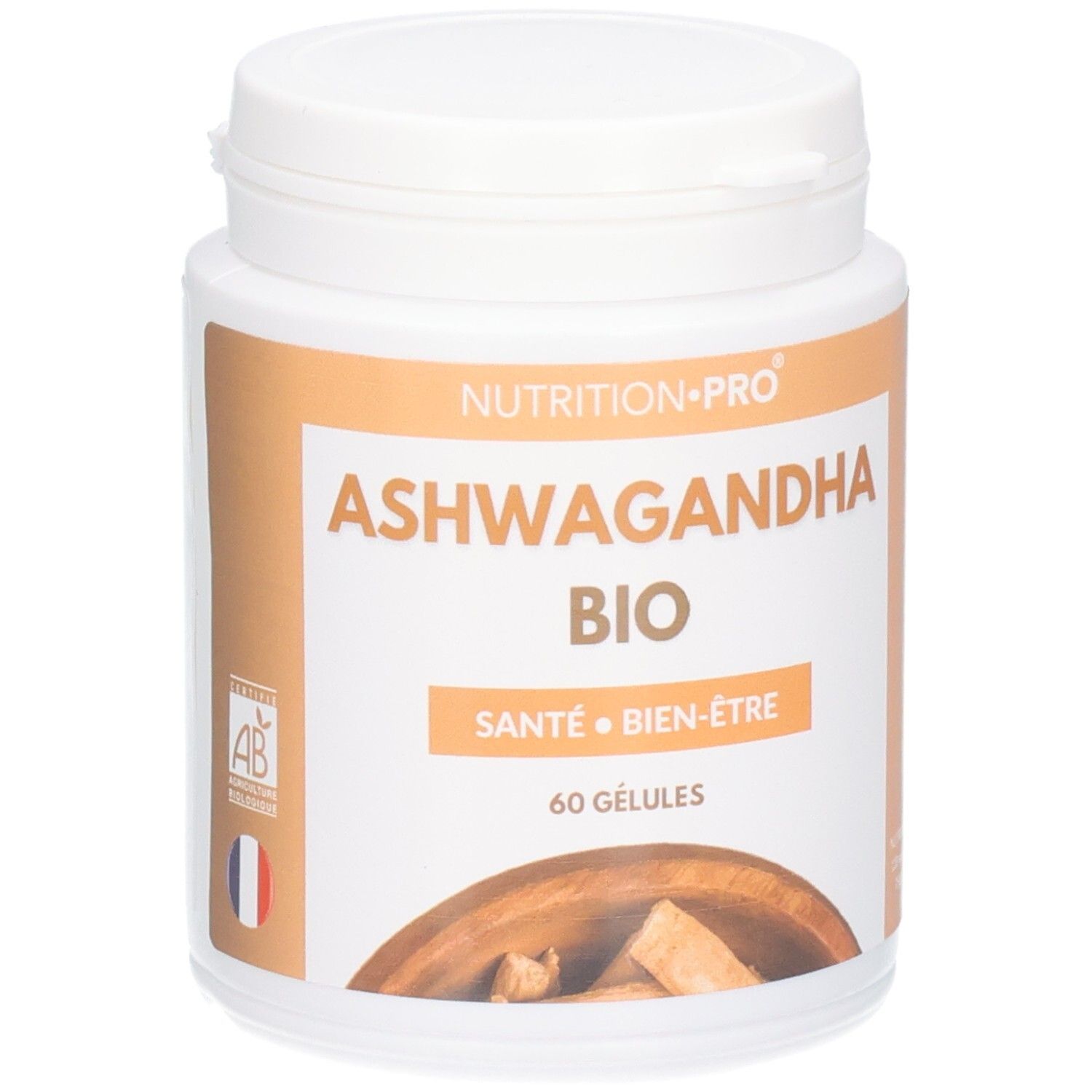 Boîte de 60 gélules Nutrition Pro Ashwagandha Bio. Sceau bio et drapeau français visibles.