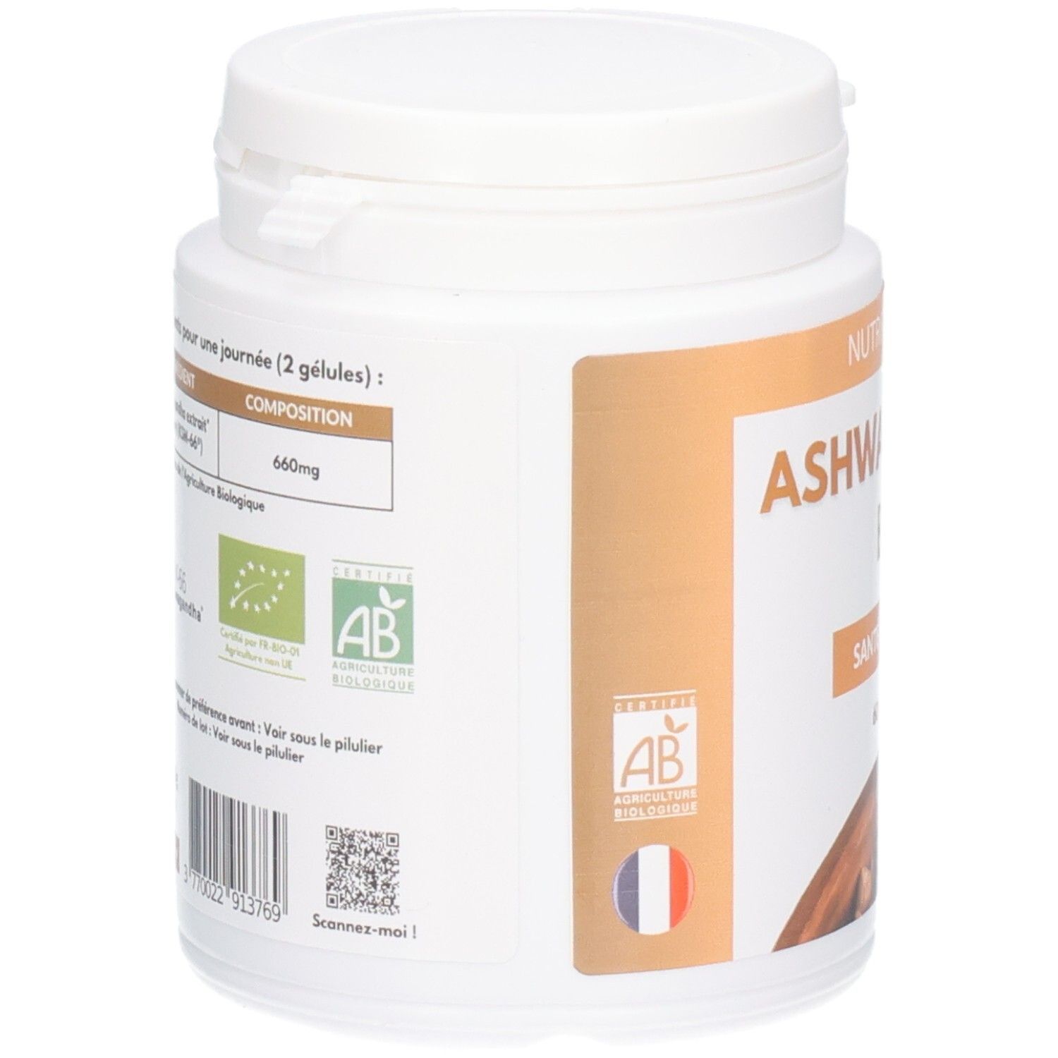 Arrière d'une boîte Nutrition Pro Ashwagandha Bio. Sceau bio et drapeau français visibles.