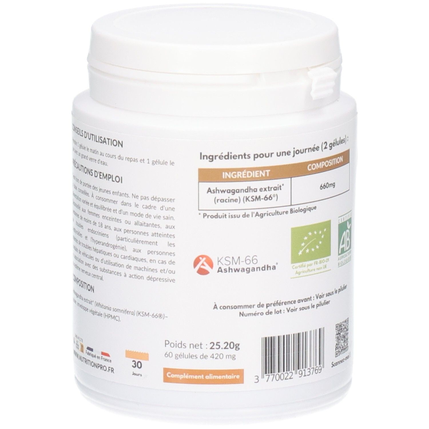Arrière d'une boîte Nutrition Pro Ashwagandha Bio avec composition et sceaux bio.